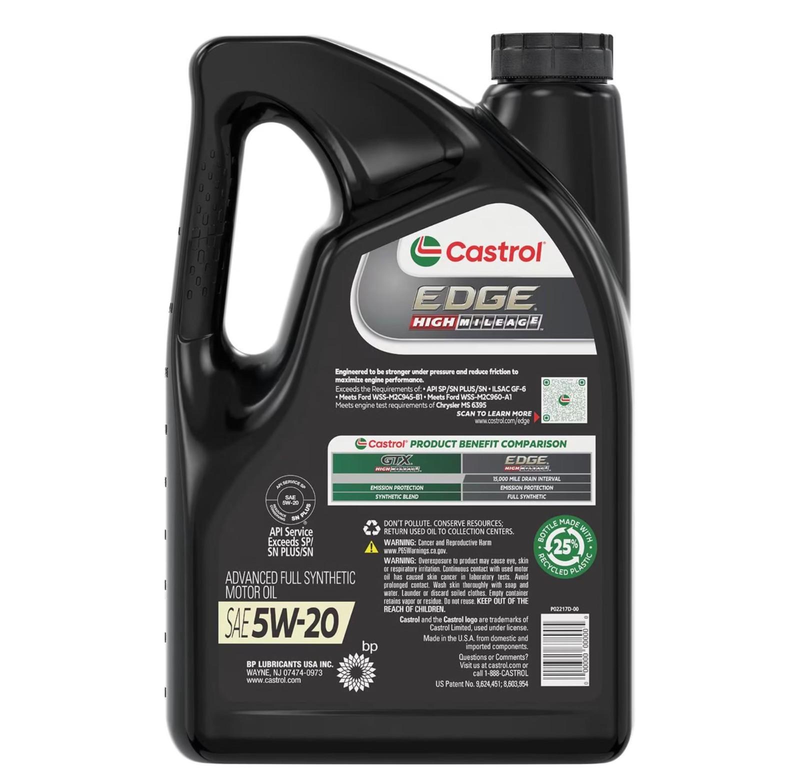 2 Pack Castrol EDGE High Mileage Full Synthetic 5W-20 Engine Oil 5 Quart