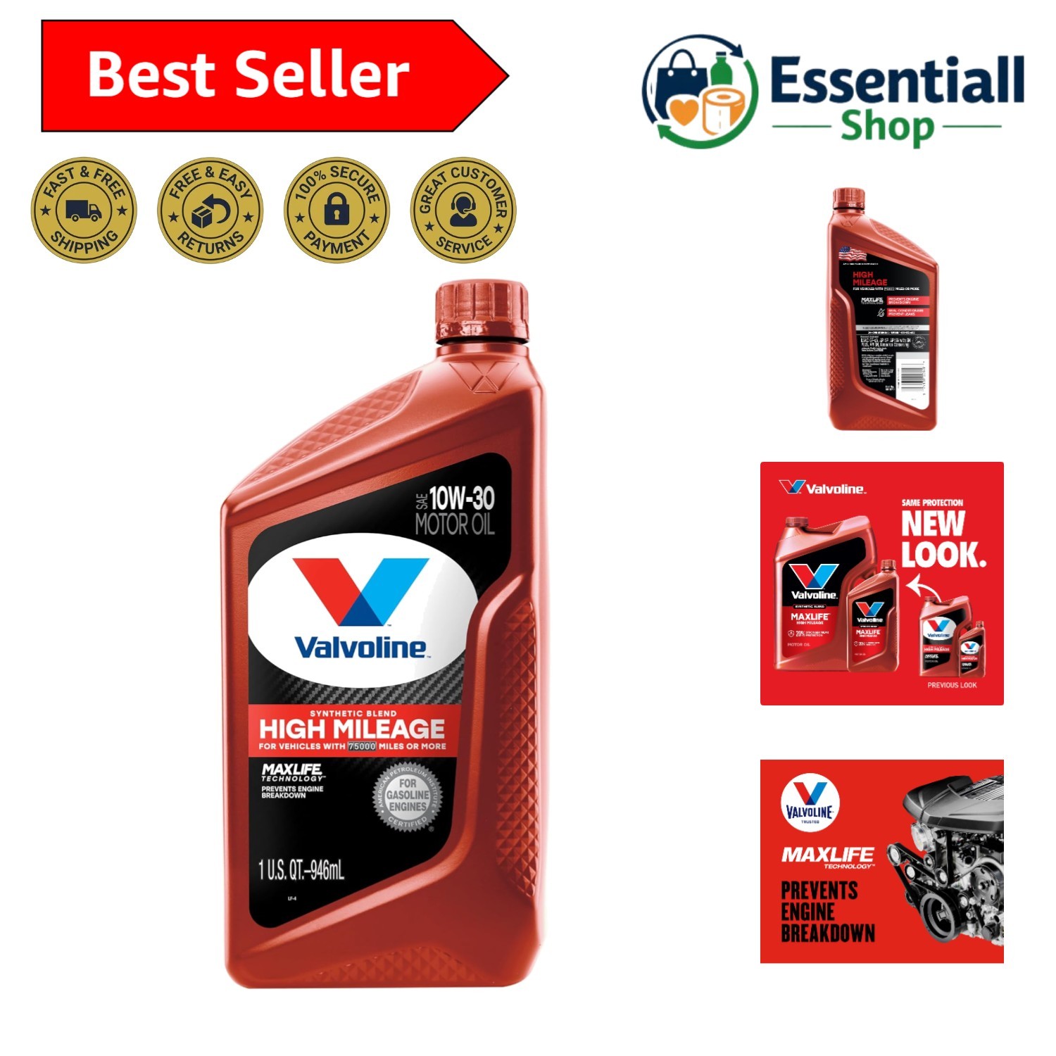 High Mileage 10W-30 Synthetic Blend Motor Oil with MaxLife Technology, 1 Quart
