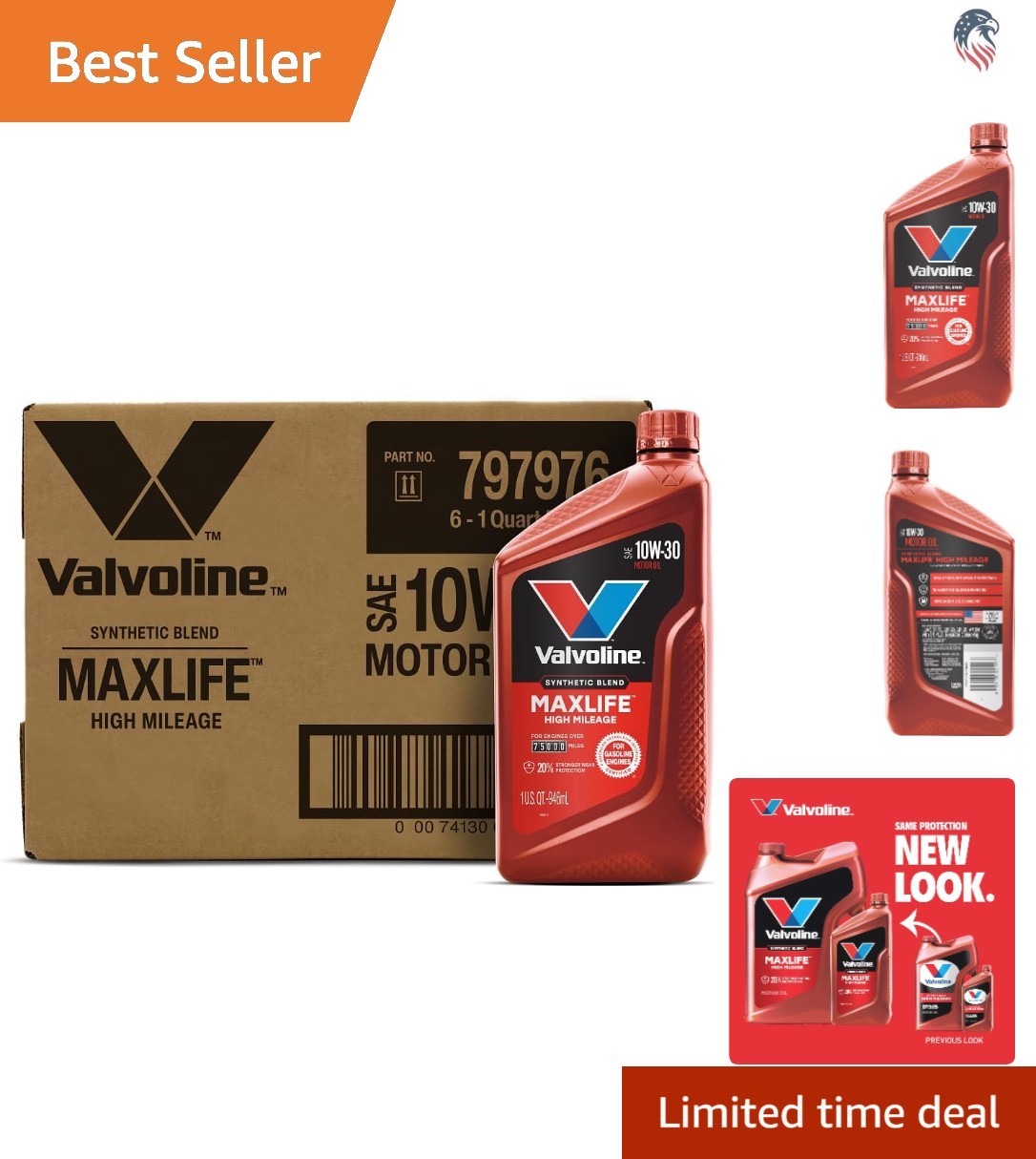 High Mileage 10W-30 Synthetic Blend Motor Oil Compatible with Cars Trucks Pack 6