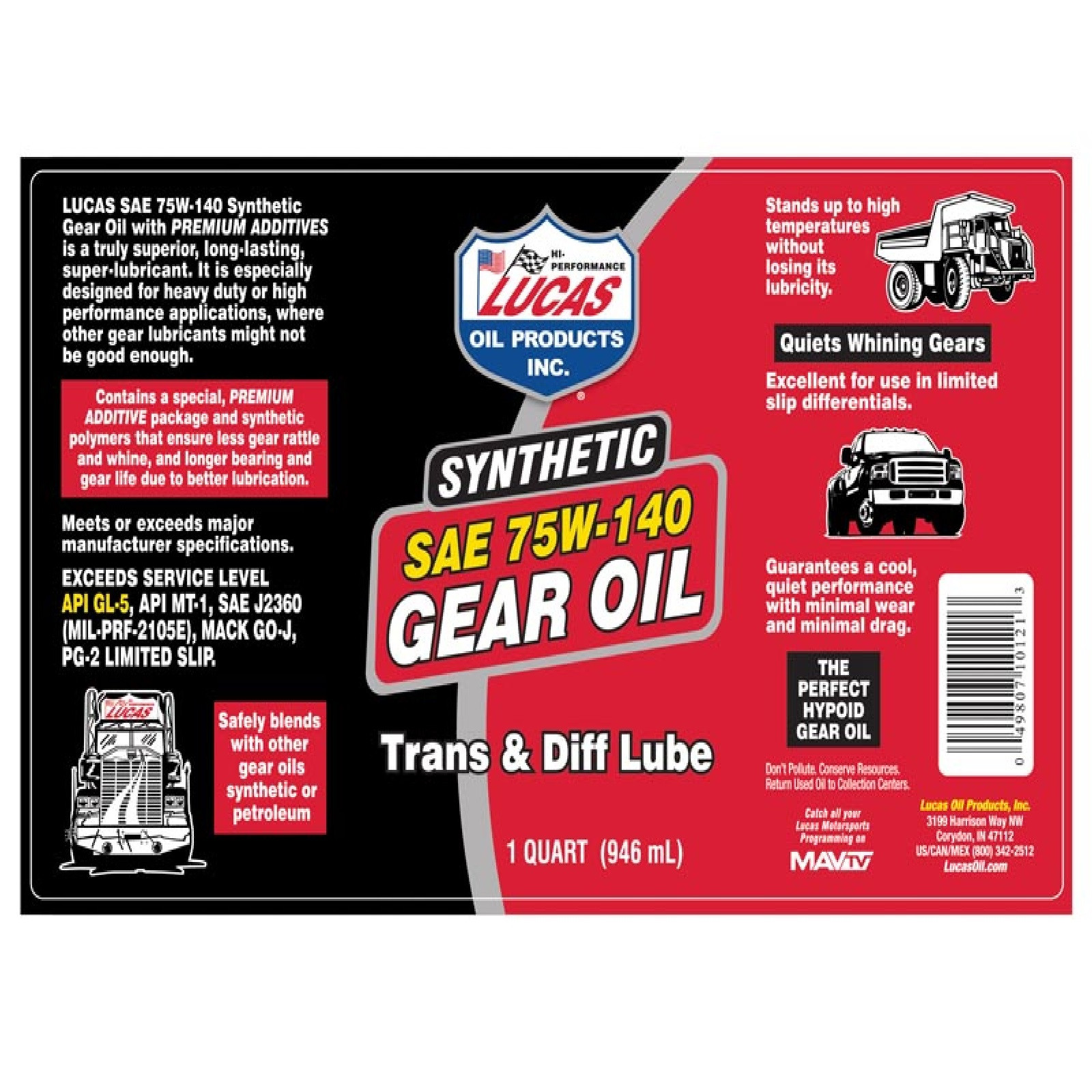 Lucas Oil Synthetic SAE 75W-140 Gear Oil Trans & Diff Lube 1 Qt Bottle Set of 2