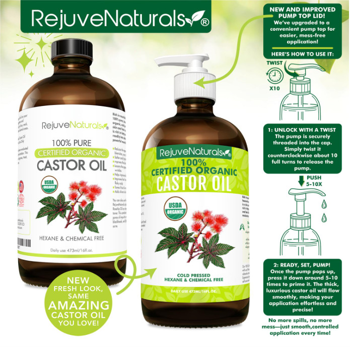 RejuveNaturals Castor Oil, 16 oz, USDA Organic, Cold Pressed for Hair & Lashes