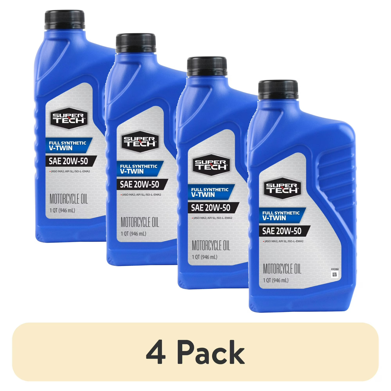 (4 pack) Super Tech Full Synthetic SAE 20W-50 V-Twin Motorcycle Oil, 1 Quart
