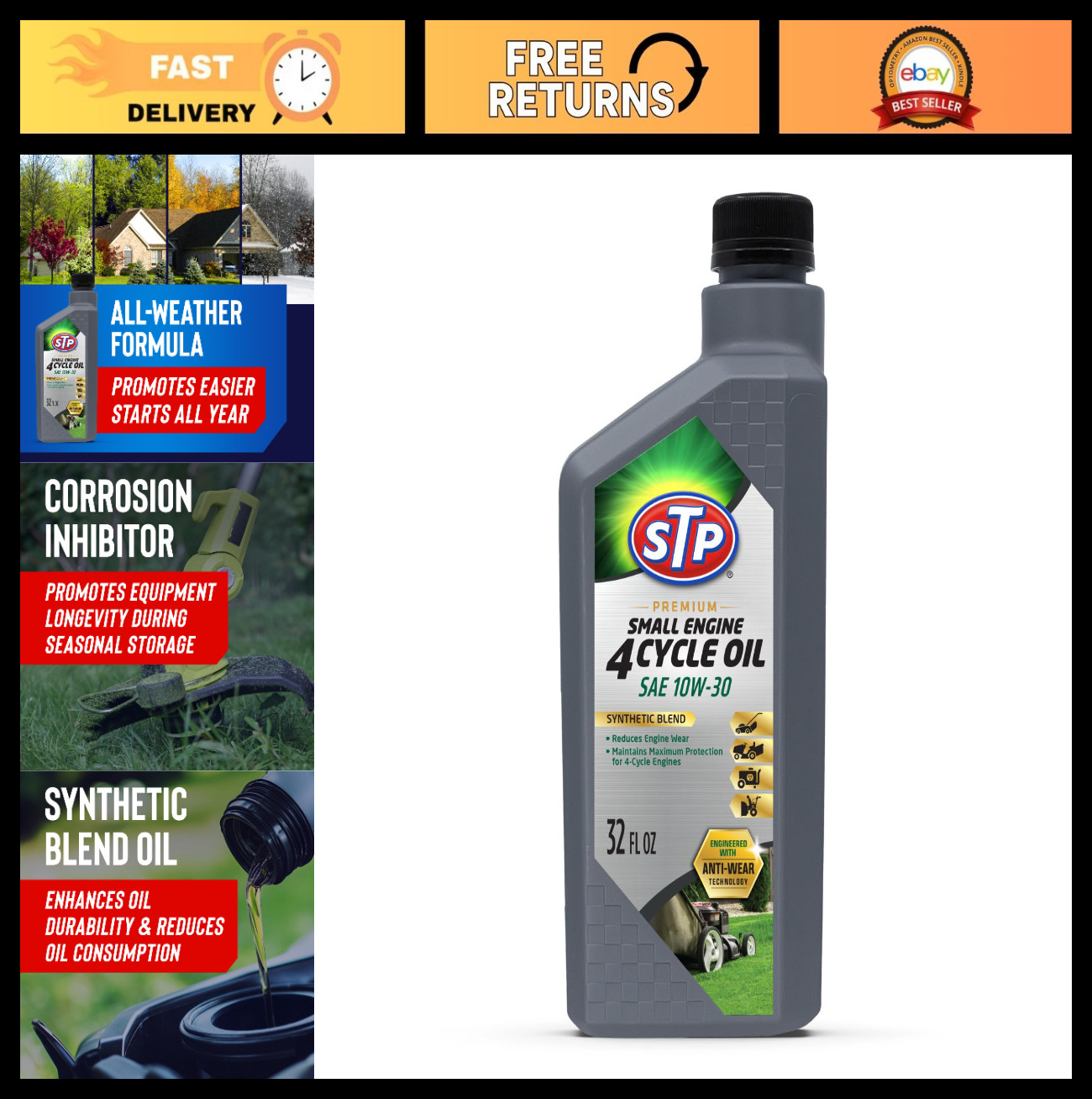 Premium Small Engine Oil 10W-30, 32 Oz – Reduces Wear for Lawnmowers & Tractors