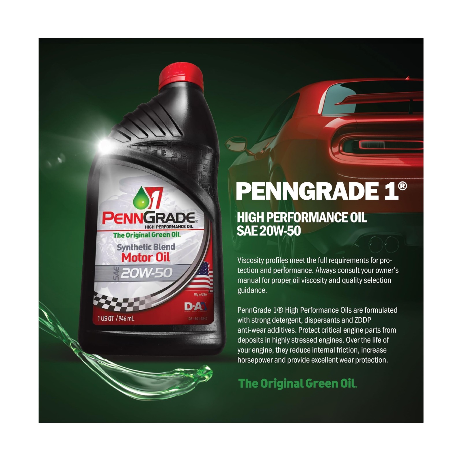 PENN GRADE 1, 71190, Synthetic Blend High Performance Oil SAE 20W-50, 5 Quart…