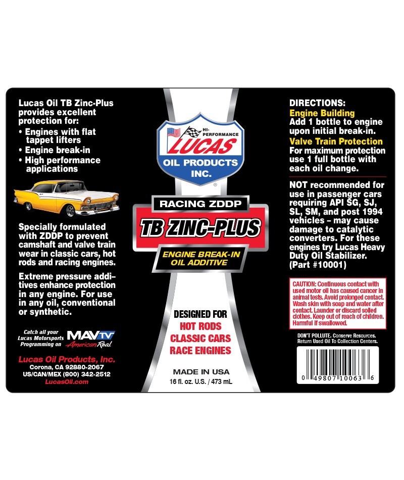 Lucas 10063 TB Zinc-Plus Engine Break-In Engine Oil Additive High-Zinc – 16 Oz.