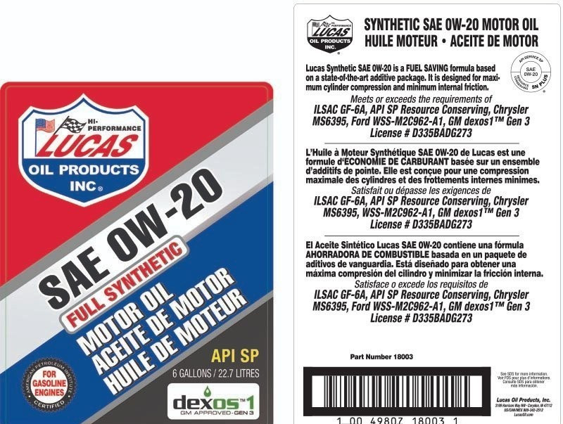 SALE- LUCAS OIL 18003 Full Synthetic Motor Oil SAE 0W-20; 6 Gallon