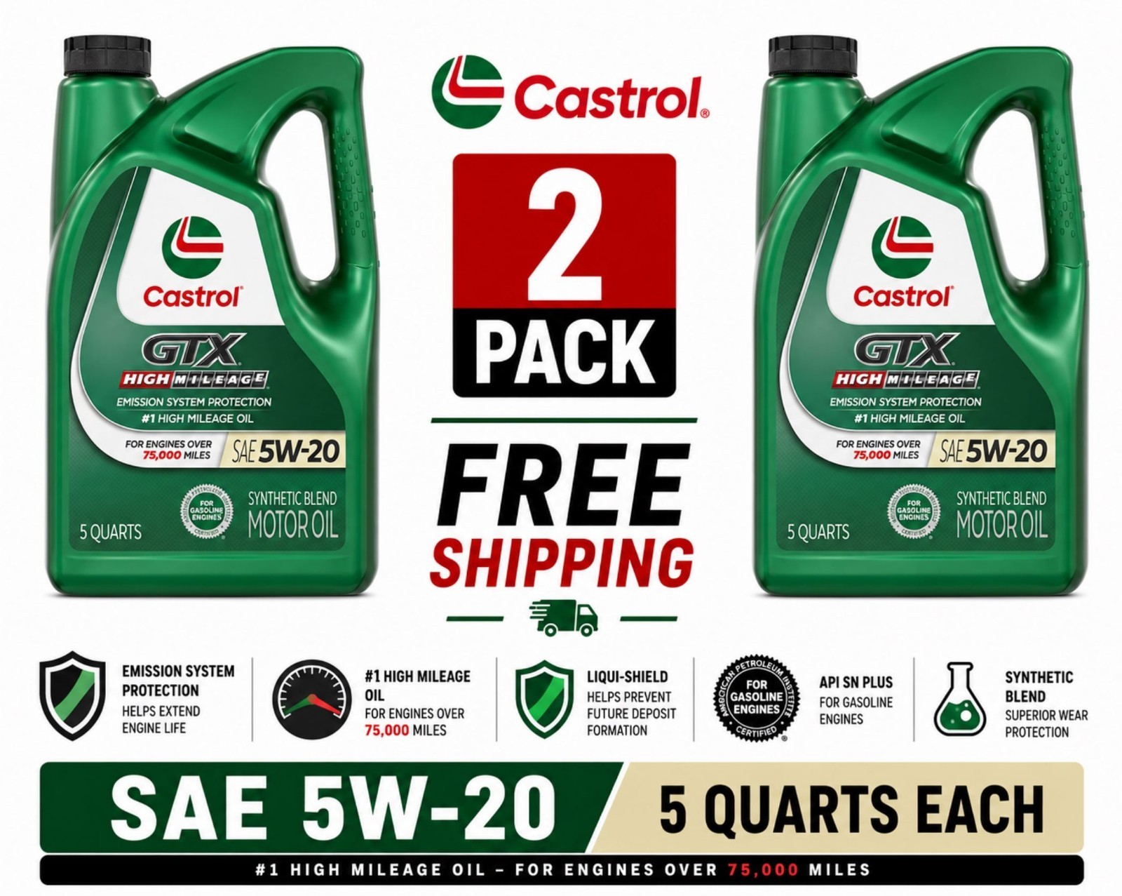 2 Pack Castrol GTX High Mileage Synthetic Blend 5W-20 Engine Oil 5 Quart