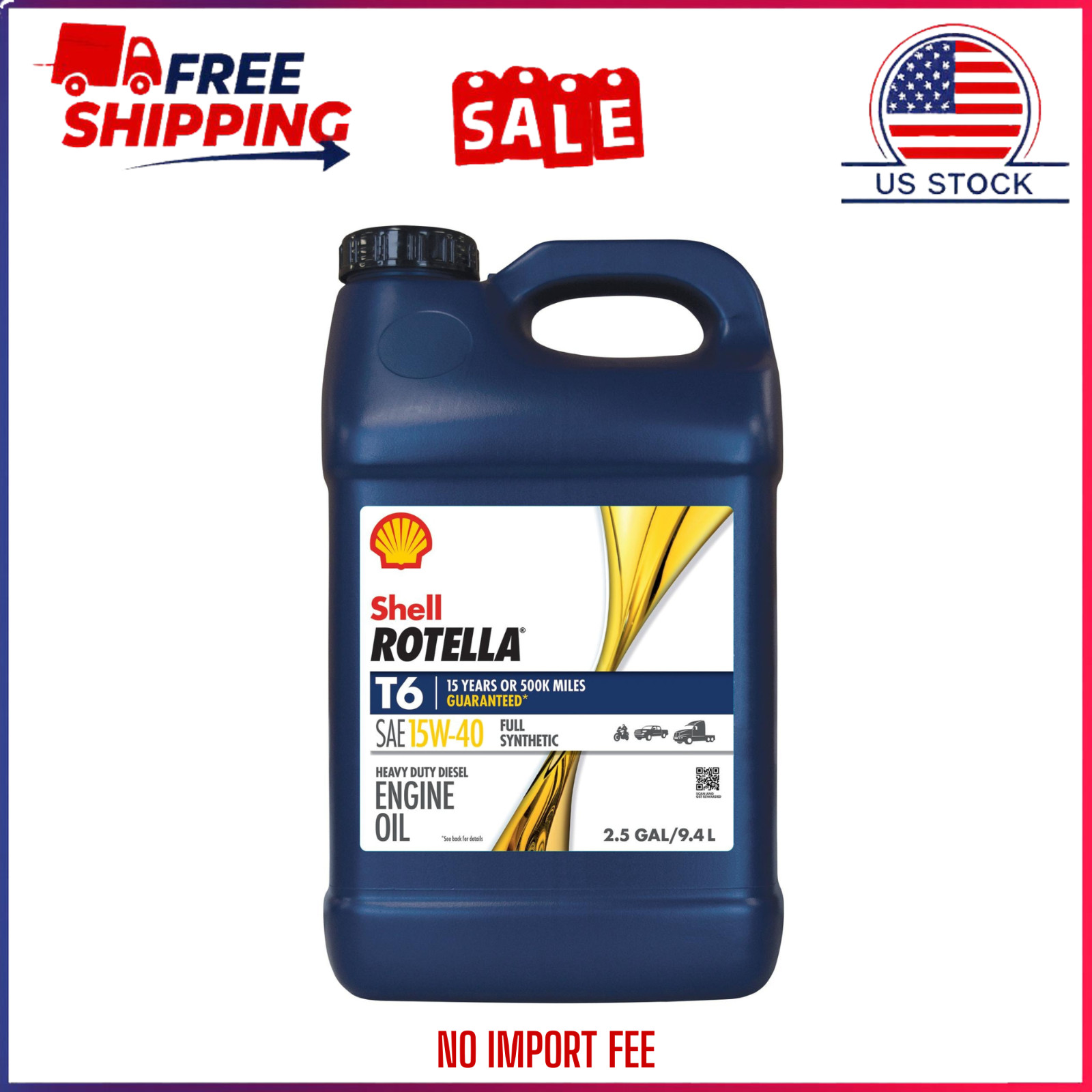 Shell ROTELLA T6 Diesel Engine Full Synthetic 15W-40 Motor Oil 10 Quart