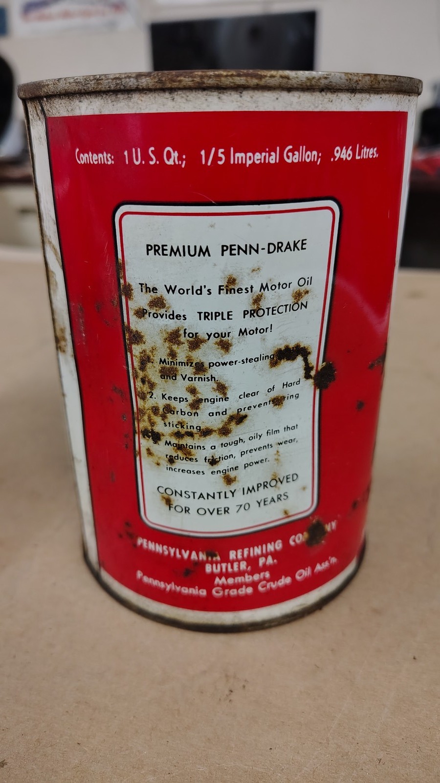 Vintage Penn Drake Motor Oil 1 Qt Tin Can 1950s Drake Well Graphic Petroliana