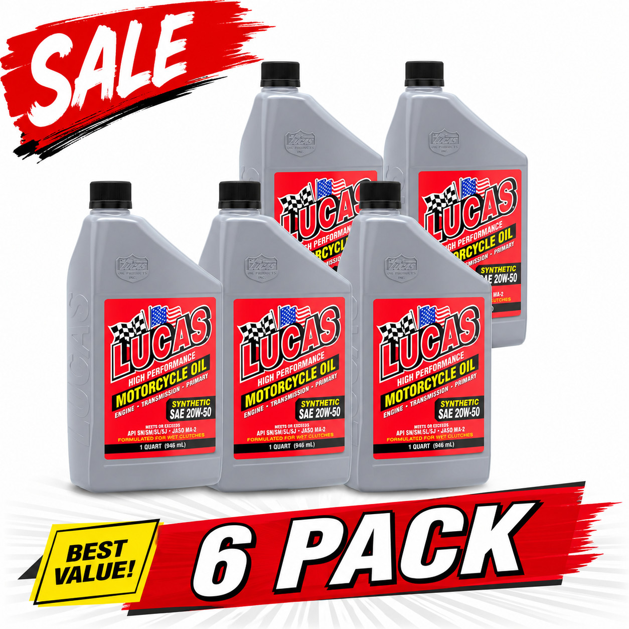 6 PACK-LUCAS OIL 10702 High Performance Synthetic Motorcycle Oil; 20W-50; 1 Qt