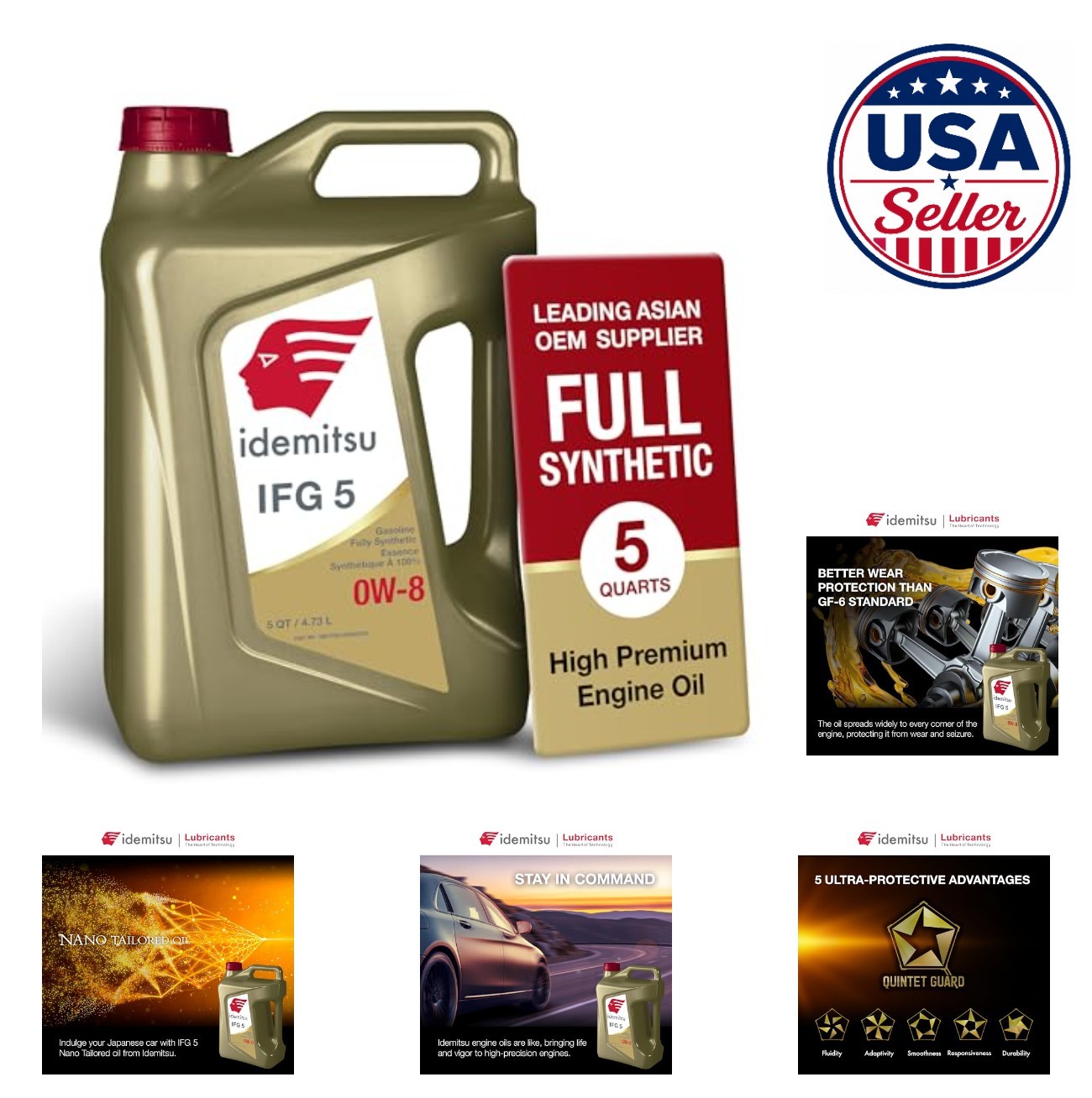 Fully Synthetic Engine Oil 5 Quart 0W-8 For Car Truck Bottle