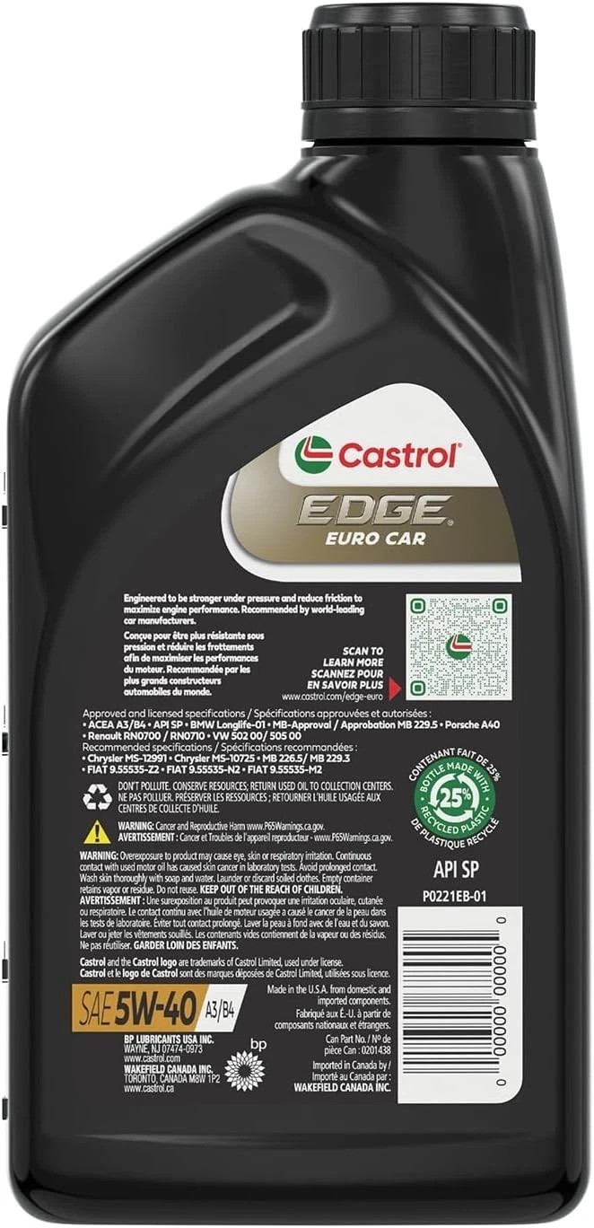 6 Quart Pack of Edge Euro 5W-40 Synthetic Oil – Engine Protection & Performance