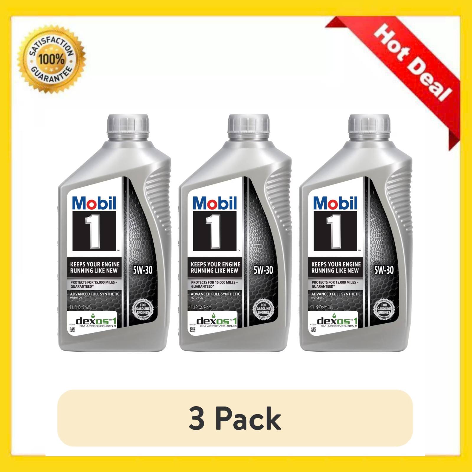 (3 Pack) Mobil 1 5W-30 Advanced Full Synthetic Motor Oil 1 Qt Performance