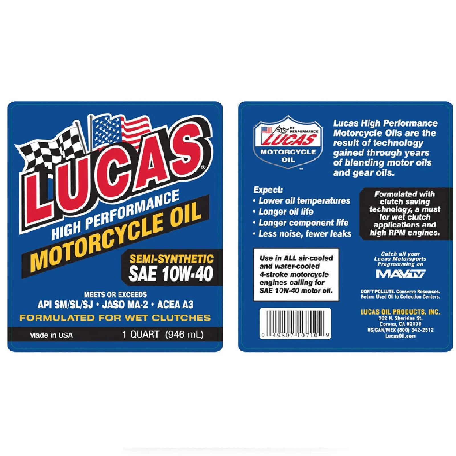 Lucas Oil High Performance SAE 10W-40 Motorcycle Oil 1 Quart Bottles Set of 6