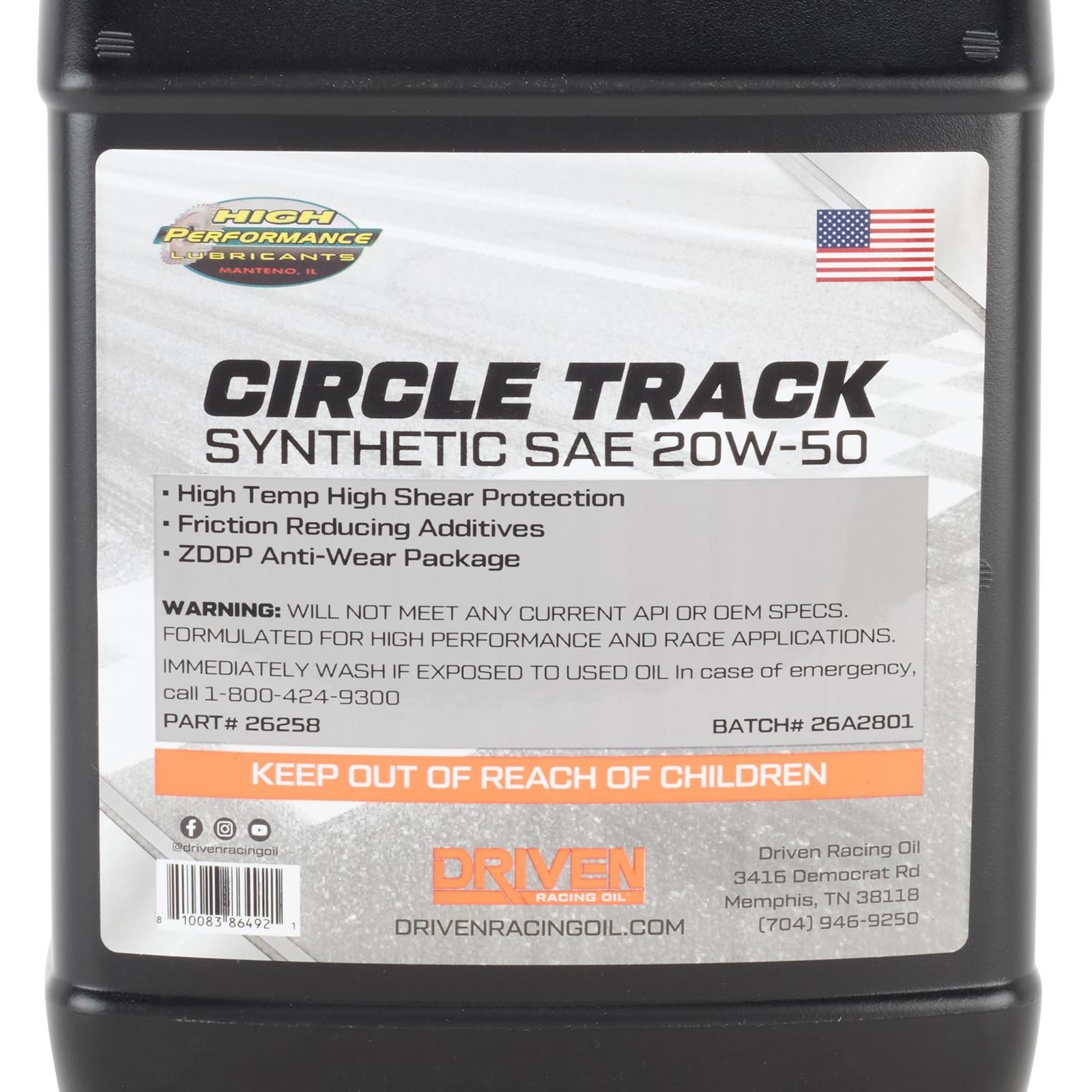 Driven Racing Oil 26258 Circle Track Synthetic Oil 20W50, 1 Gal