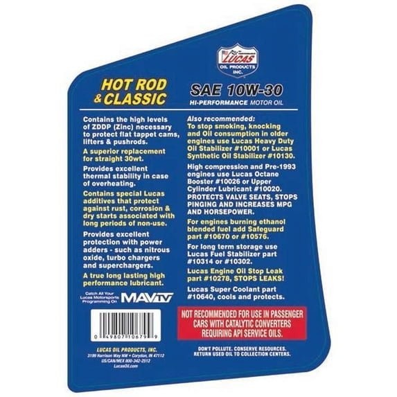 Lucas Oil 10679 Hot Rod & Classic Car SAE 10W-30 Motor Oil – 5 Quart