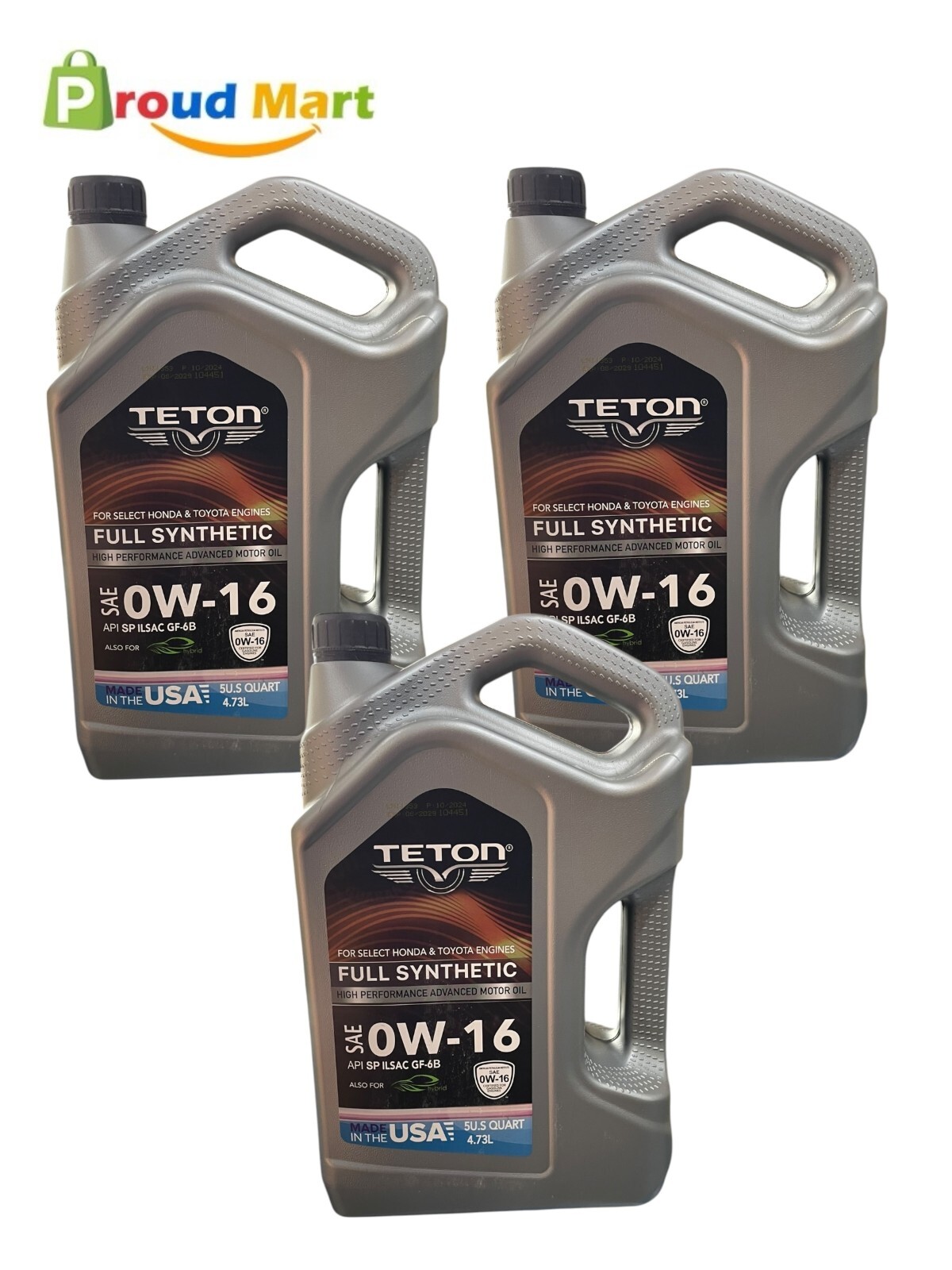 Lot of 3 Teton 0W-16 Full Synthetic Advanced Motor Oil 5 Quarts Made in USA