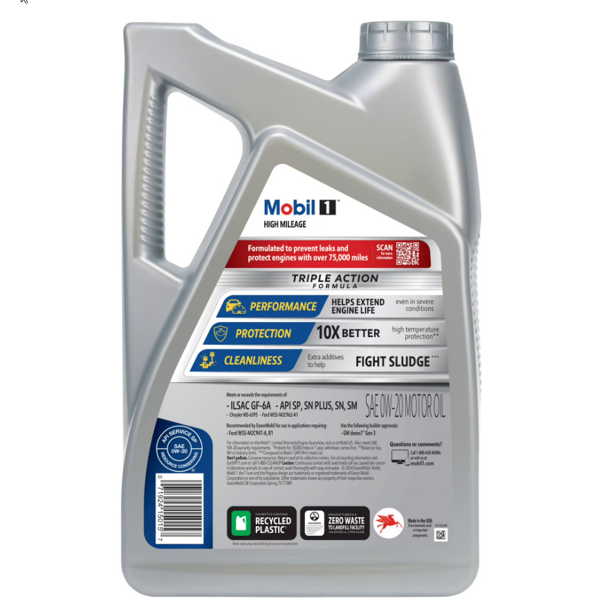 Mobil 1 High Mileage Full Synthetic Motor Oil 0W-20, 5 Quart