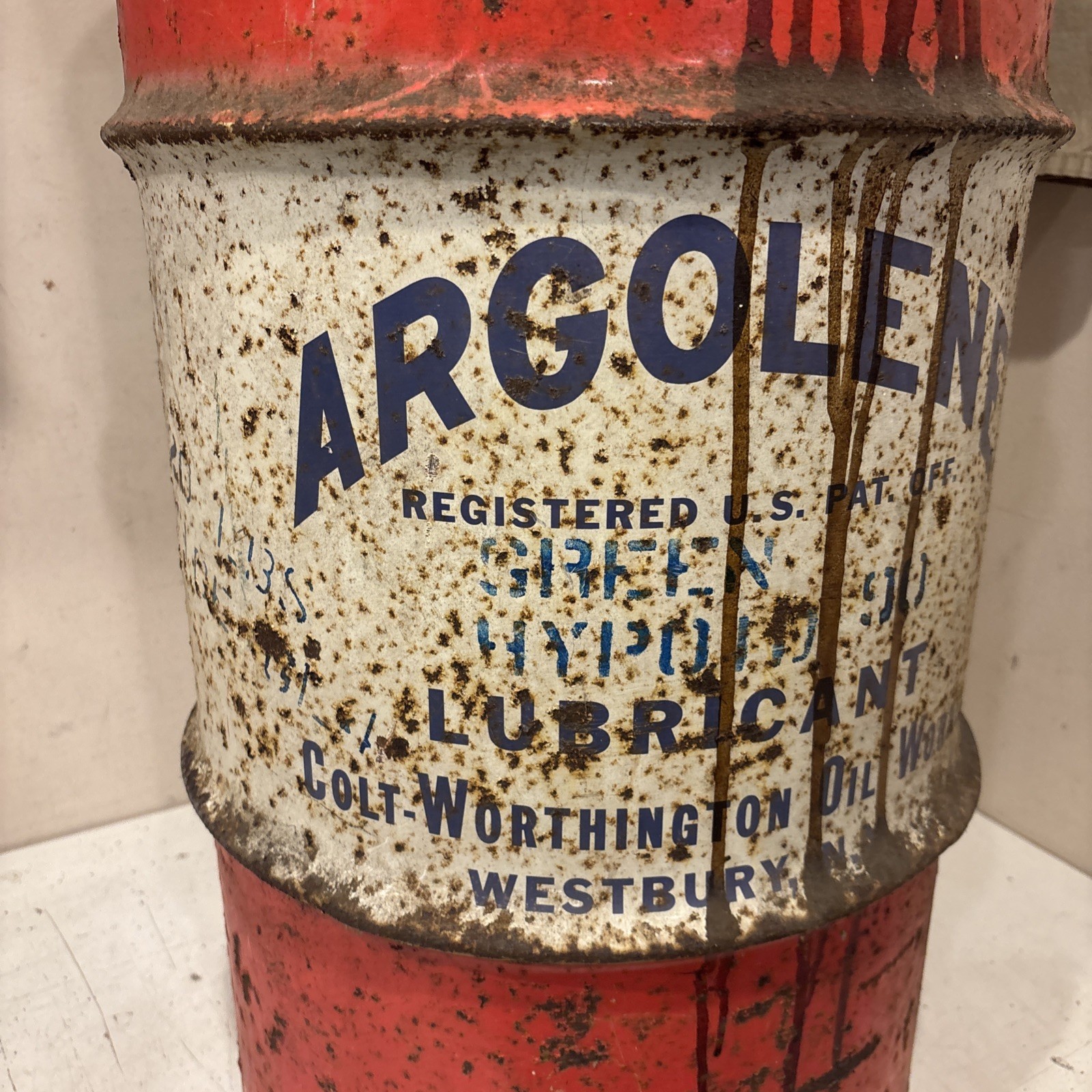 Vintage Large ARGOLENE ARGOMATIC Oil Lubricant Westbury NY Barrel Can 27” High