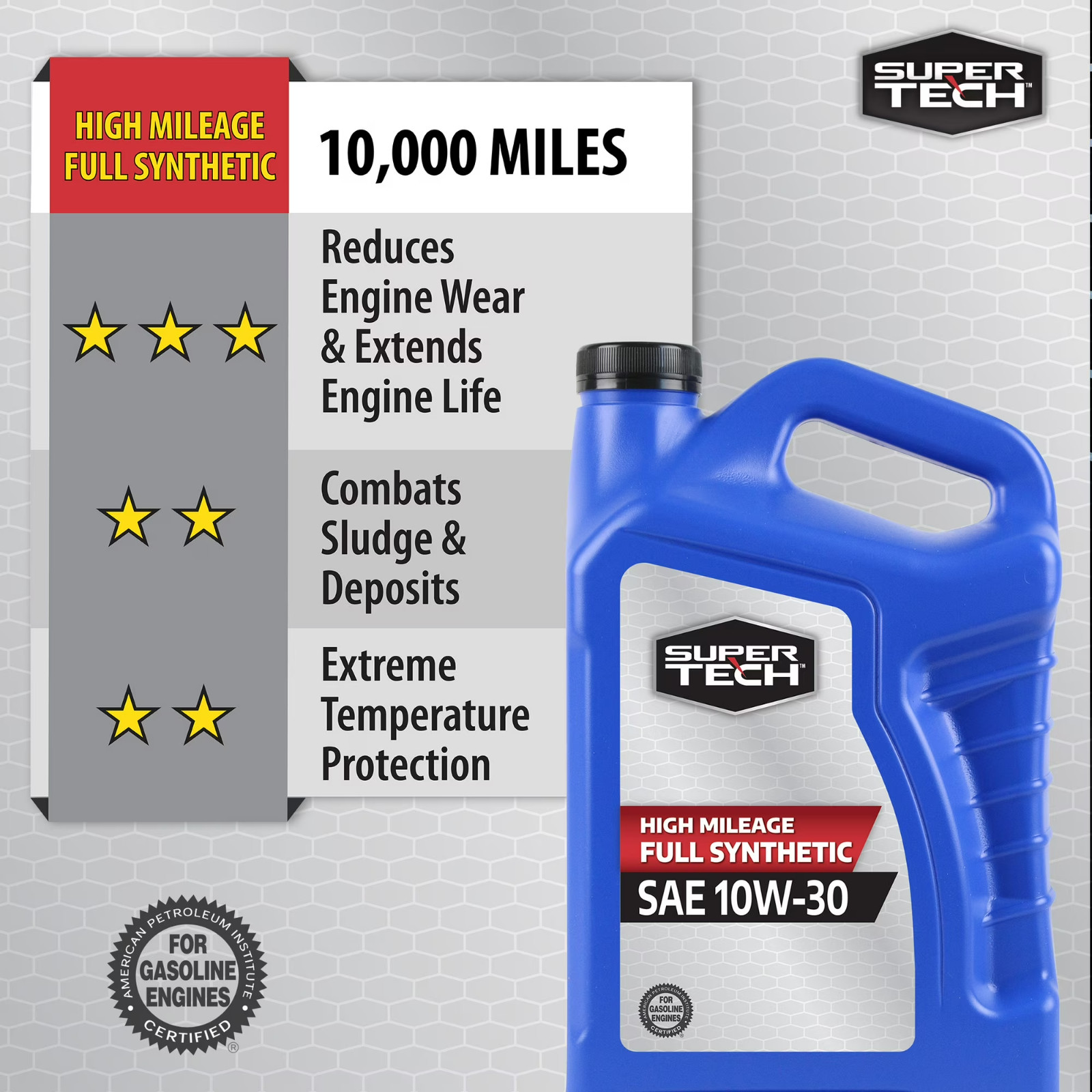 (3 pack) Super Tech High Mileage Full Synthetic SAE 10W-30 Motor Oil, 5 Quarts