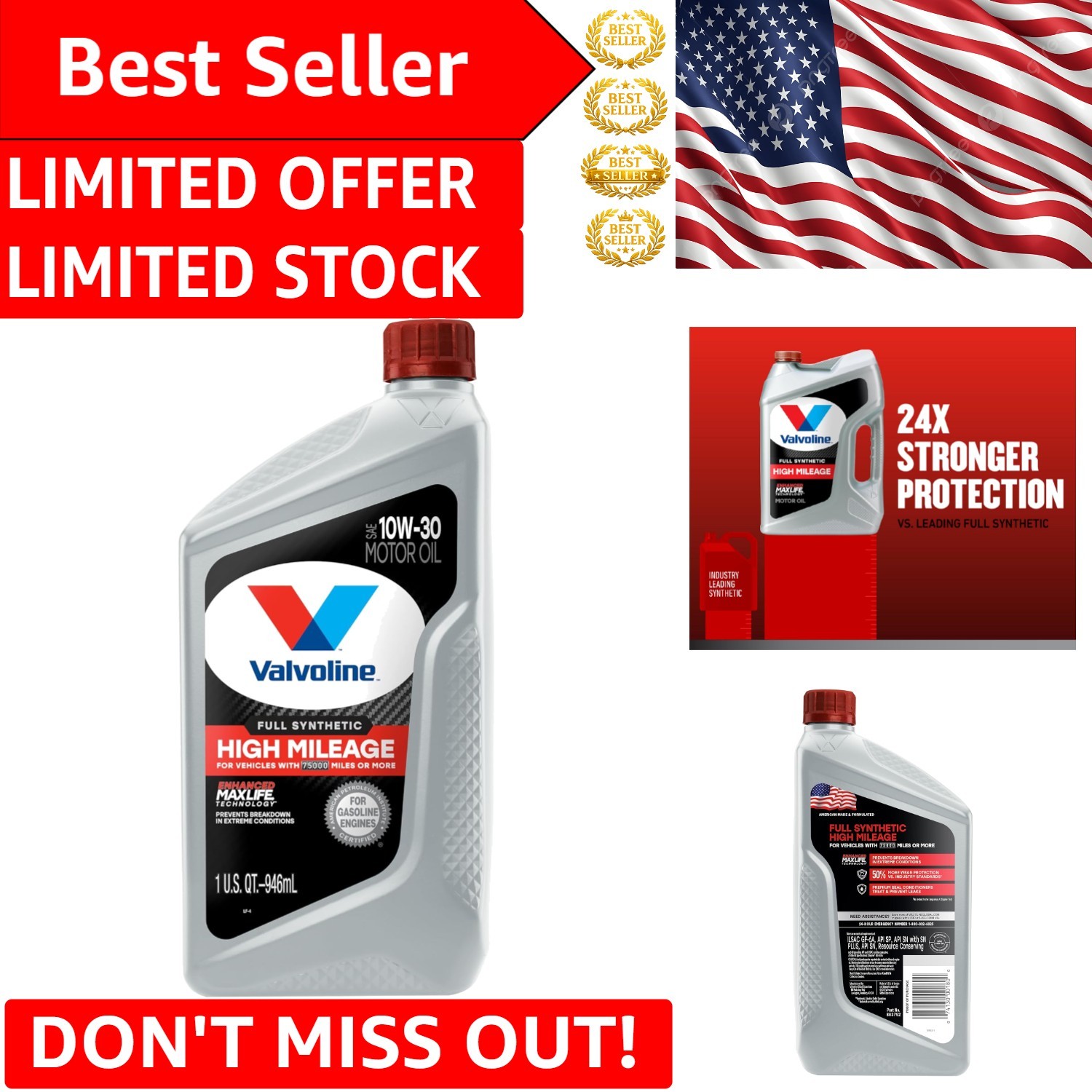 Full Synthetic 10W-30 Motor Oil with MaxLife for Cars and Trucks – 1 QT