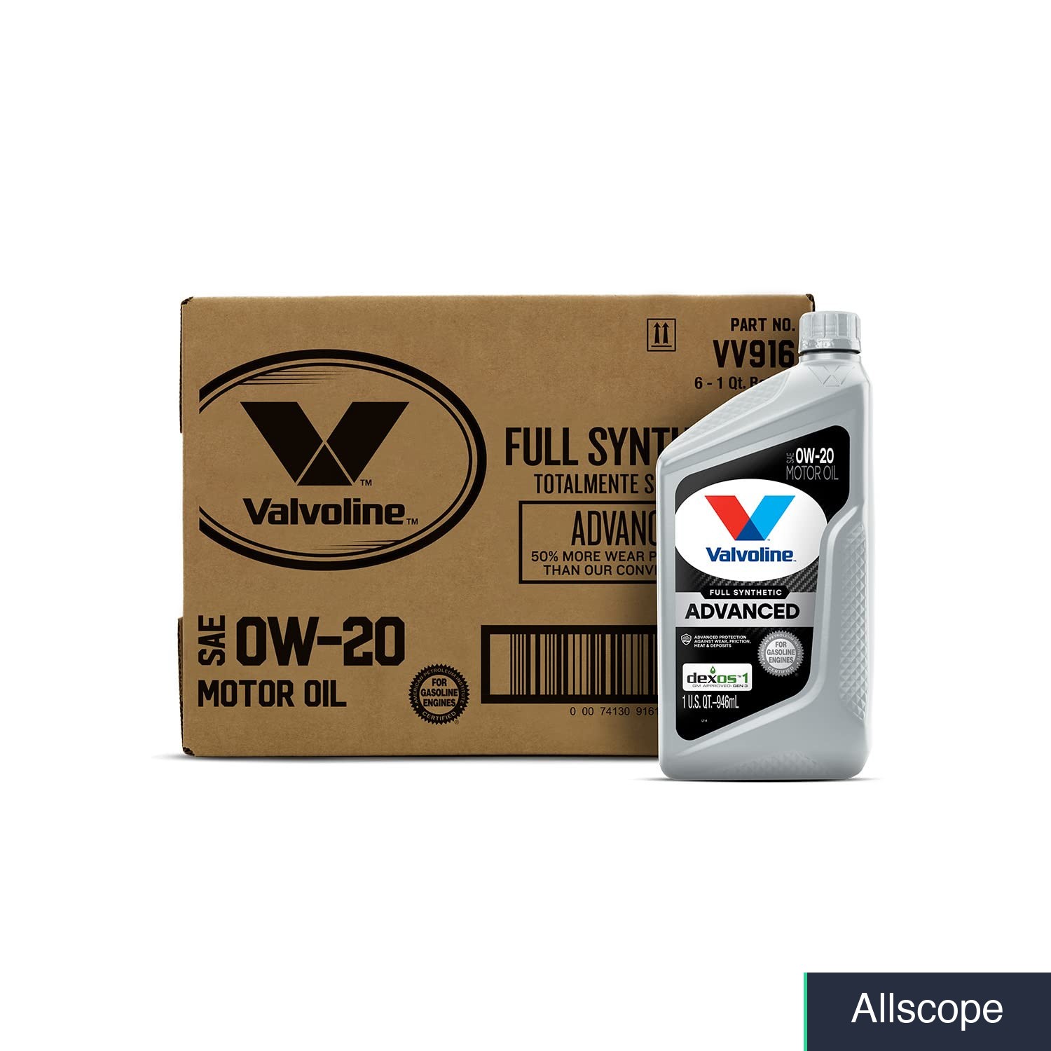 Valvoline Advanced Full Synthetic SAE 0W-20 Motor Oil 1 QT, Case of 6