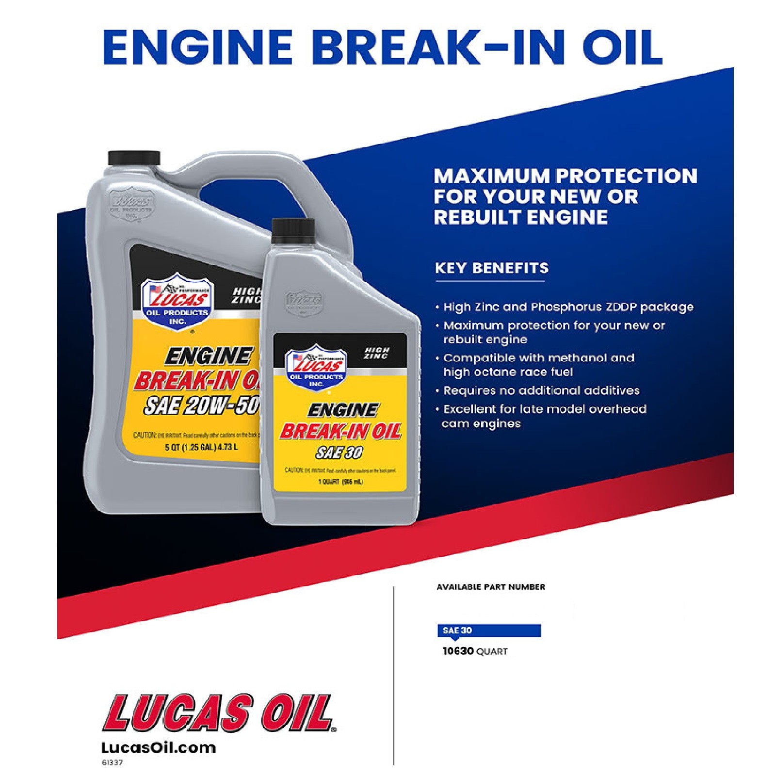 Lucas Oil 10630 Single High Zinc SAE30 Engine Break-In Racing Oil 1 Quart Bottle