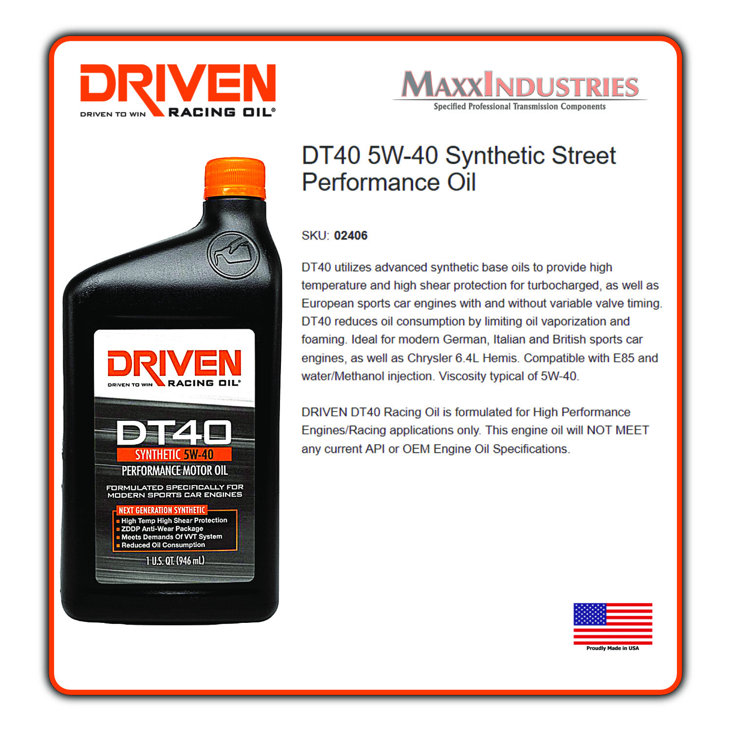 Driven Motor Oil – DT40 Racing Oil – High Zinc – 5W40 – Synthetic 12 qt – 02406