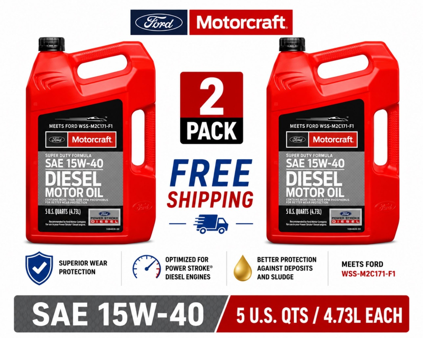 2 Pack Motorcraft Diesel Engine Conventional 15W-40 Motor Oil 5 Quart