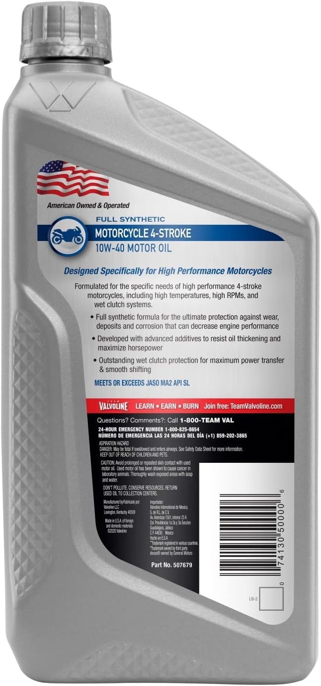 Motorcycle Engine Oil Synthetic 10W-40 2 Quarts Full Synthetic Power Protect