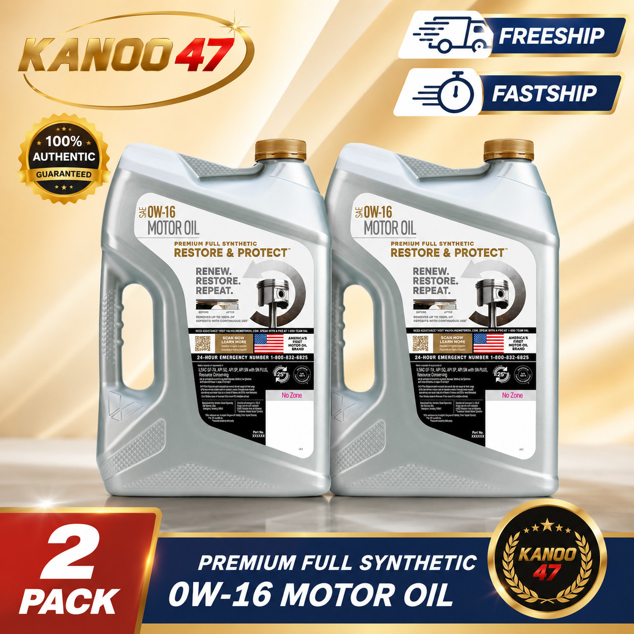 (2 Pack) Valvoline Restore & Protect Full Synthetic 0W-16 Motor Oil 5 QT