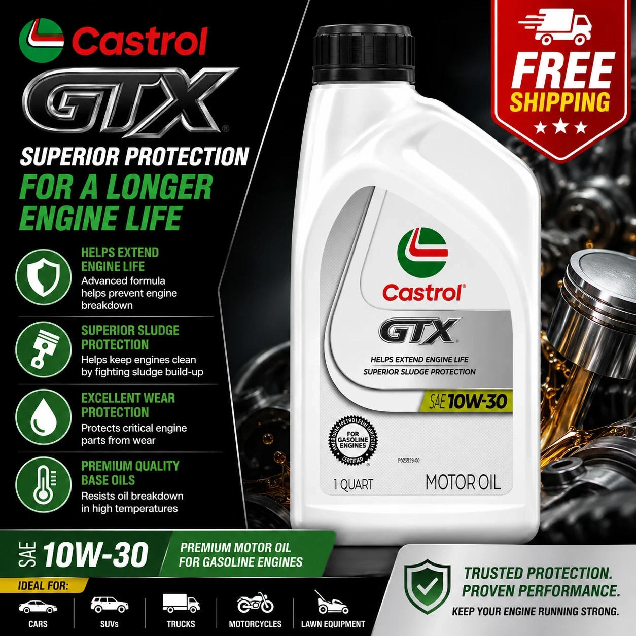 Castrol GTX 10W-30 Conventional Motor Oil, 1 Quart- Free Shipping