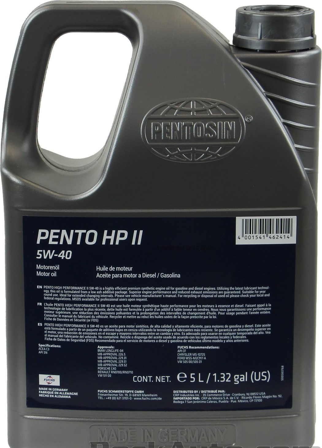 2 PACK-PENTOSIN 8042206 High Performance II; Full Synthetic; SAE 5W-40; 5 Liters