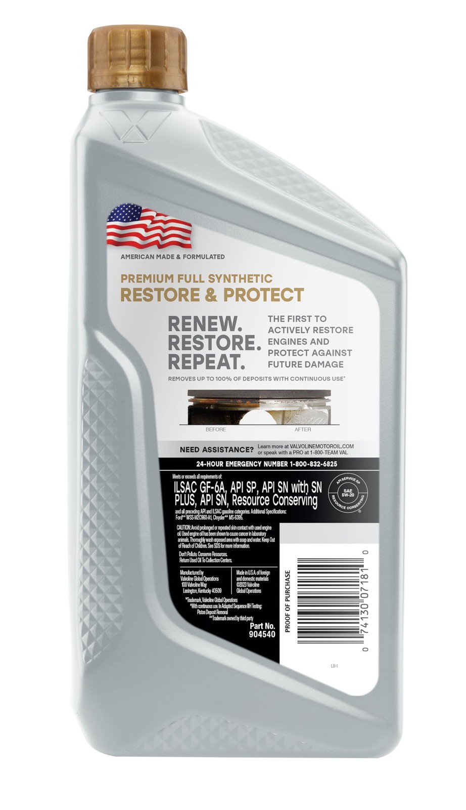 Valvoline Restore & Protect Full Synthetic 5W-20 Motor Oil 1 Quart 1 QT, Gold