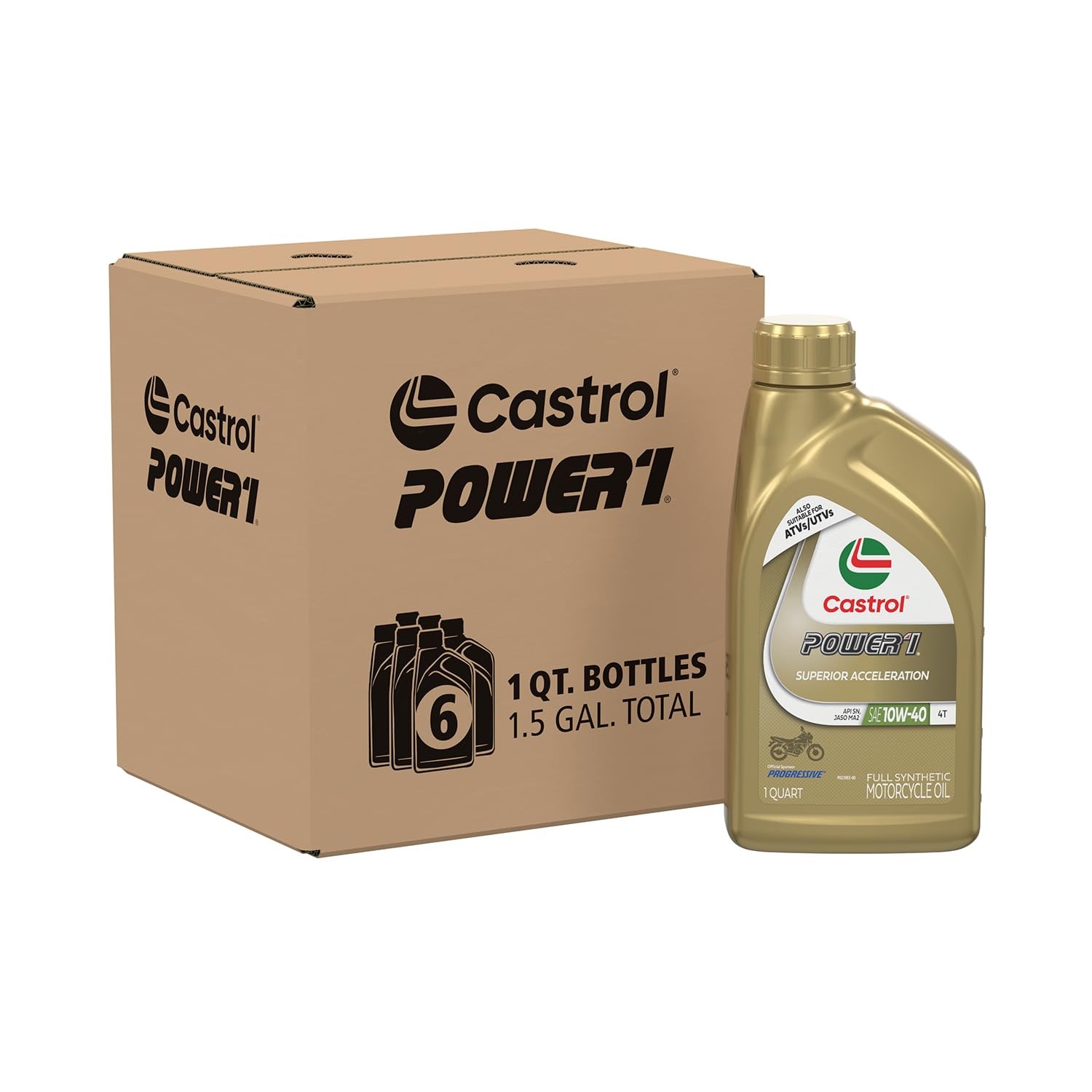 Motorcycle Oil 10W-40 Full Synthetic 1 Quart Pack of 6 Castrol Power1