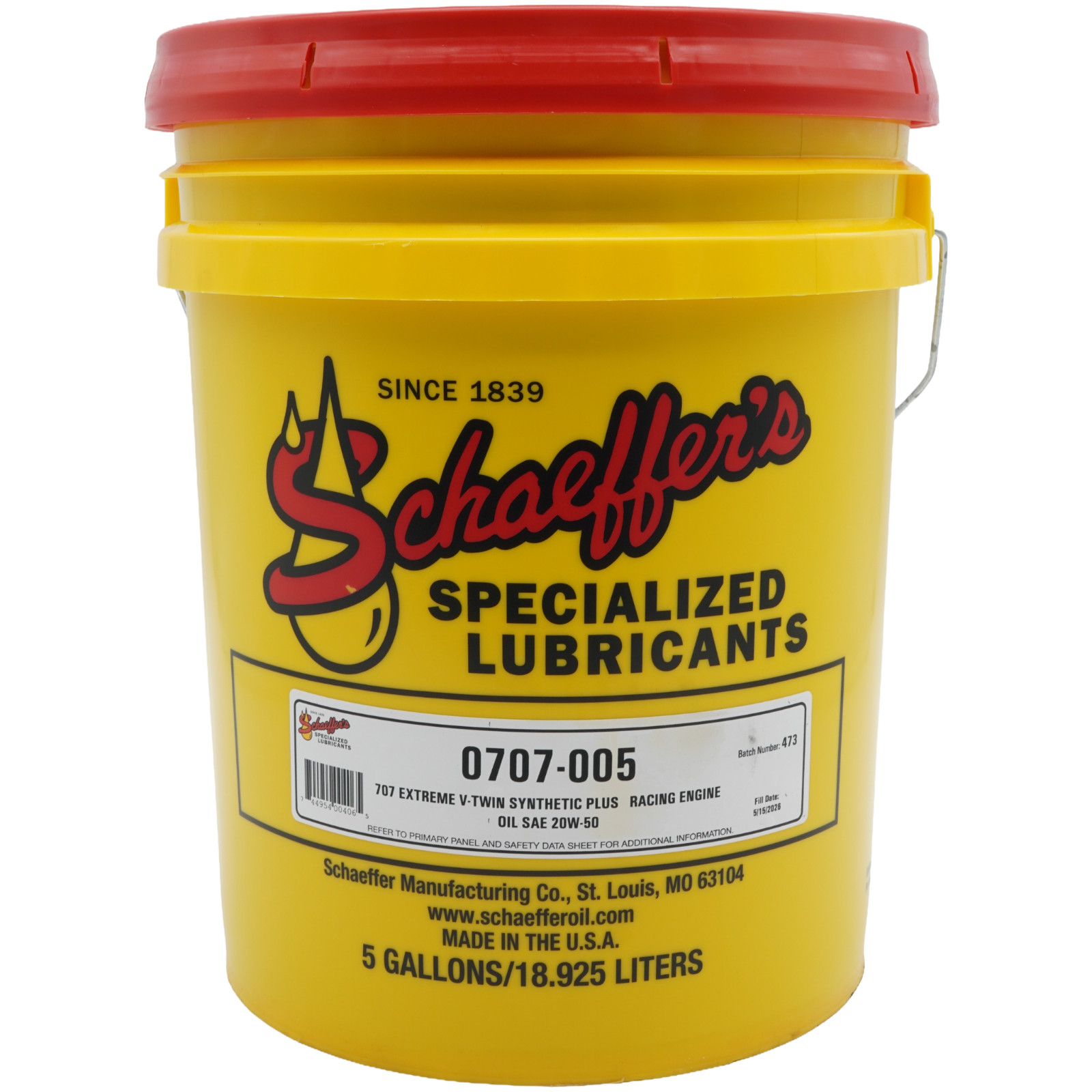 Schaeffer’s 707 Extreme V-Twin 20W-50 Synthetic Plus Racing Oil, 5 Gallon Pail
