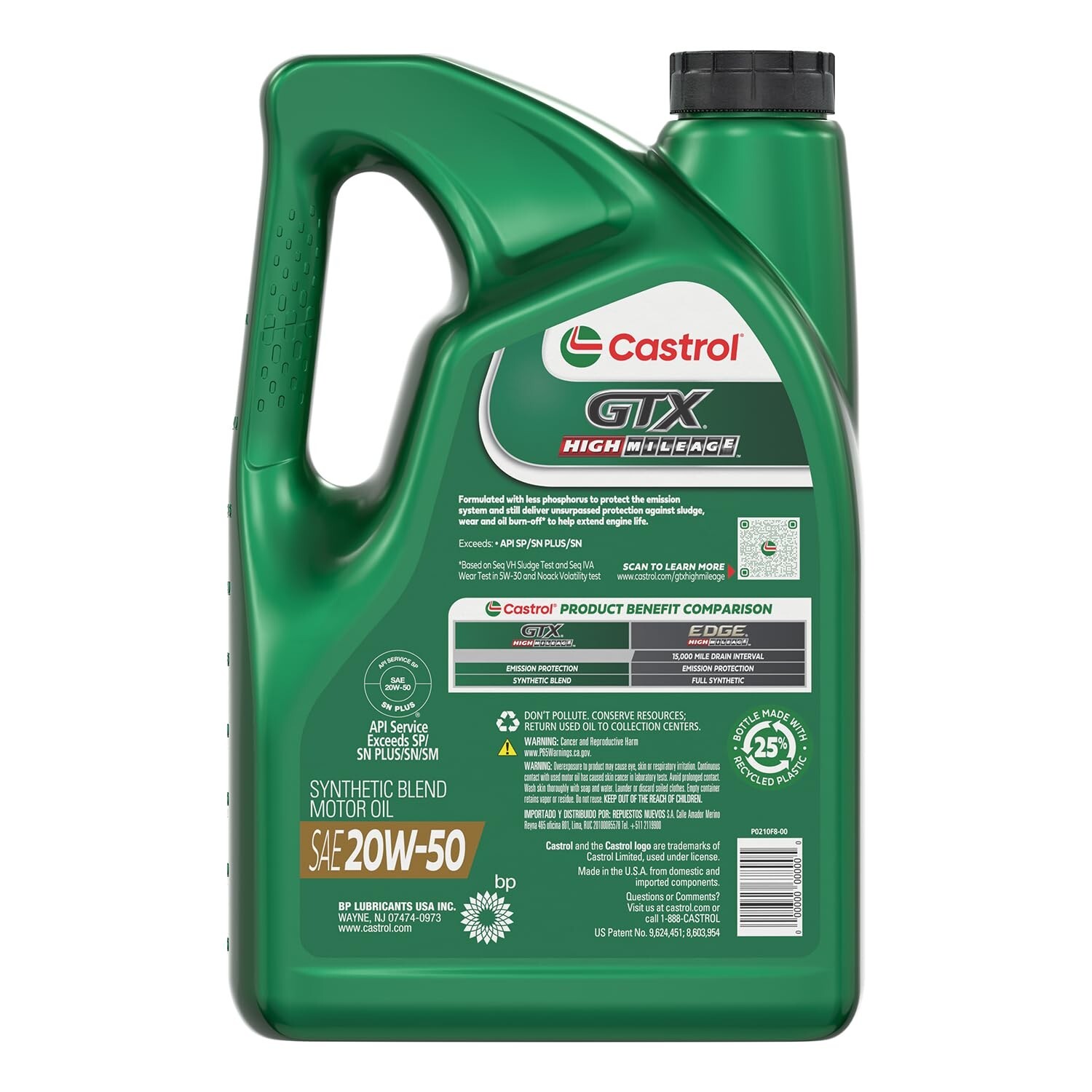 Castrol GTX High Mileage 20W-50 Synthetic Blend Motor Oil, 5 Quarts