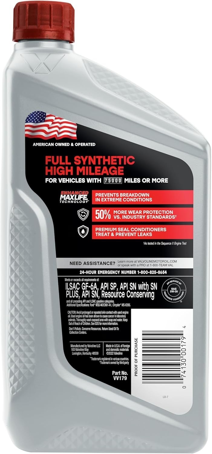 Full Synthetic 5W30 Motor Oil 1 Quart Superior Wear Protection for Older Cars