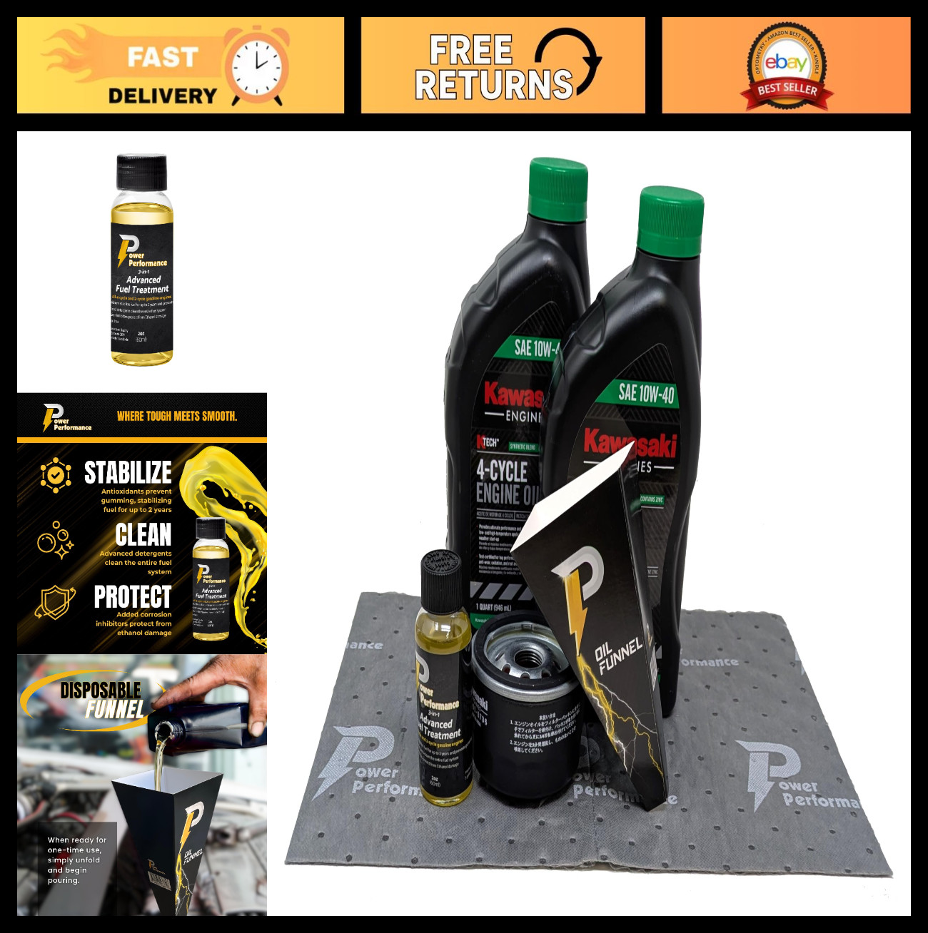 10W-40 Motorcycle Oil Change Kit & Fuel Treatment for Kawasaki Engines
