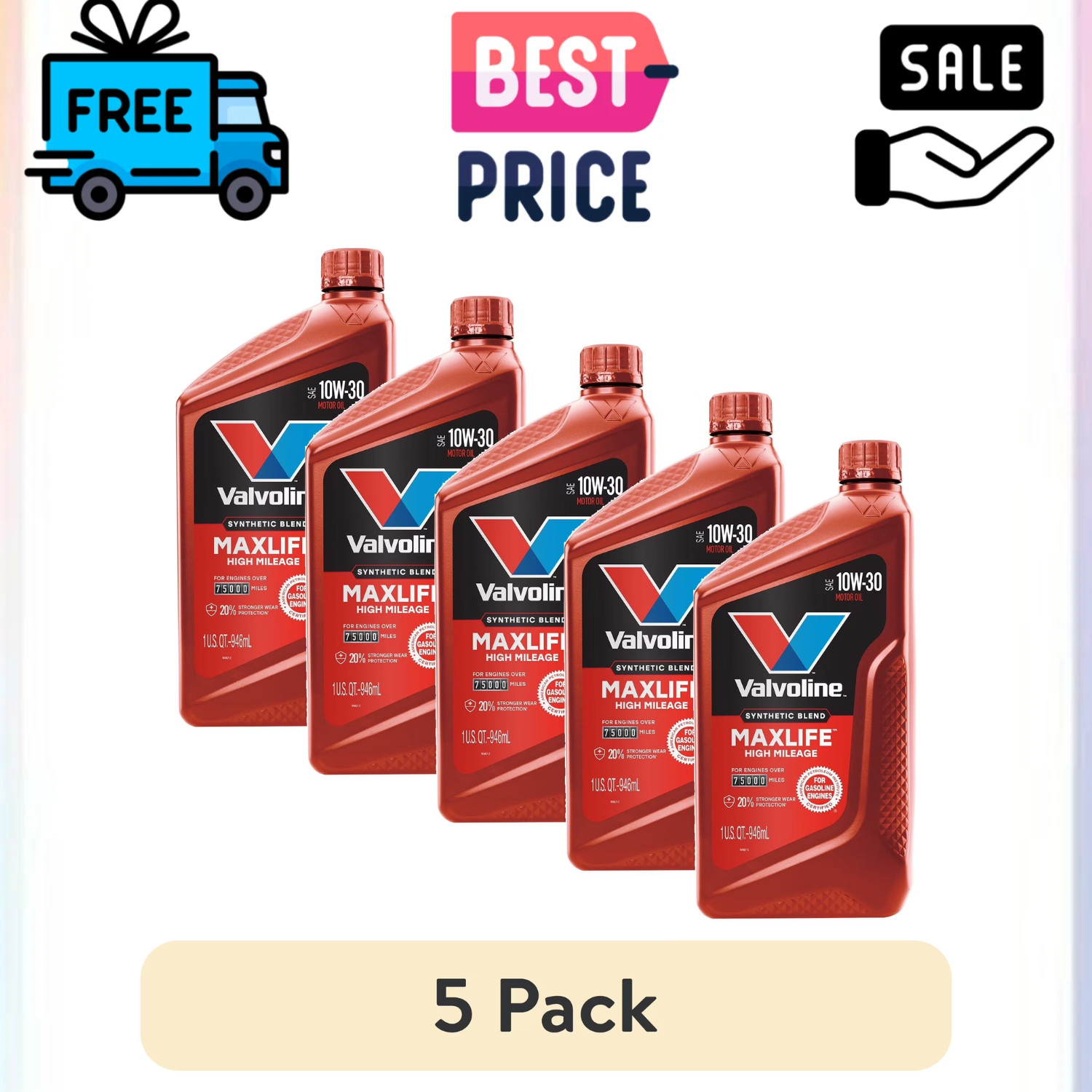 (5 Pack) Valvoline 10W-30 MaxLife High Mileage Synthetic Blend Motor Oil 1QT