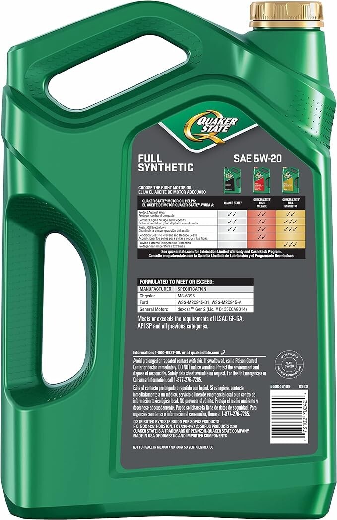 Quaker State Gen 3 Full Synthetic Dexos 5W-20 Motor Oil (5-Quart, Case of 3)