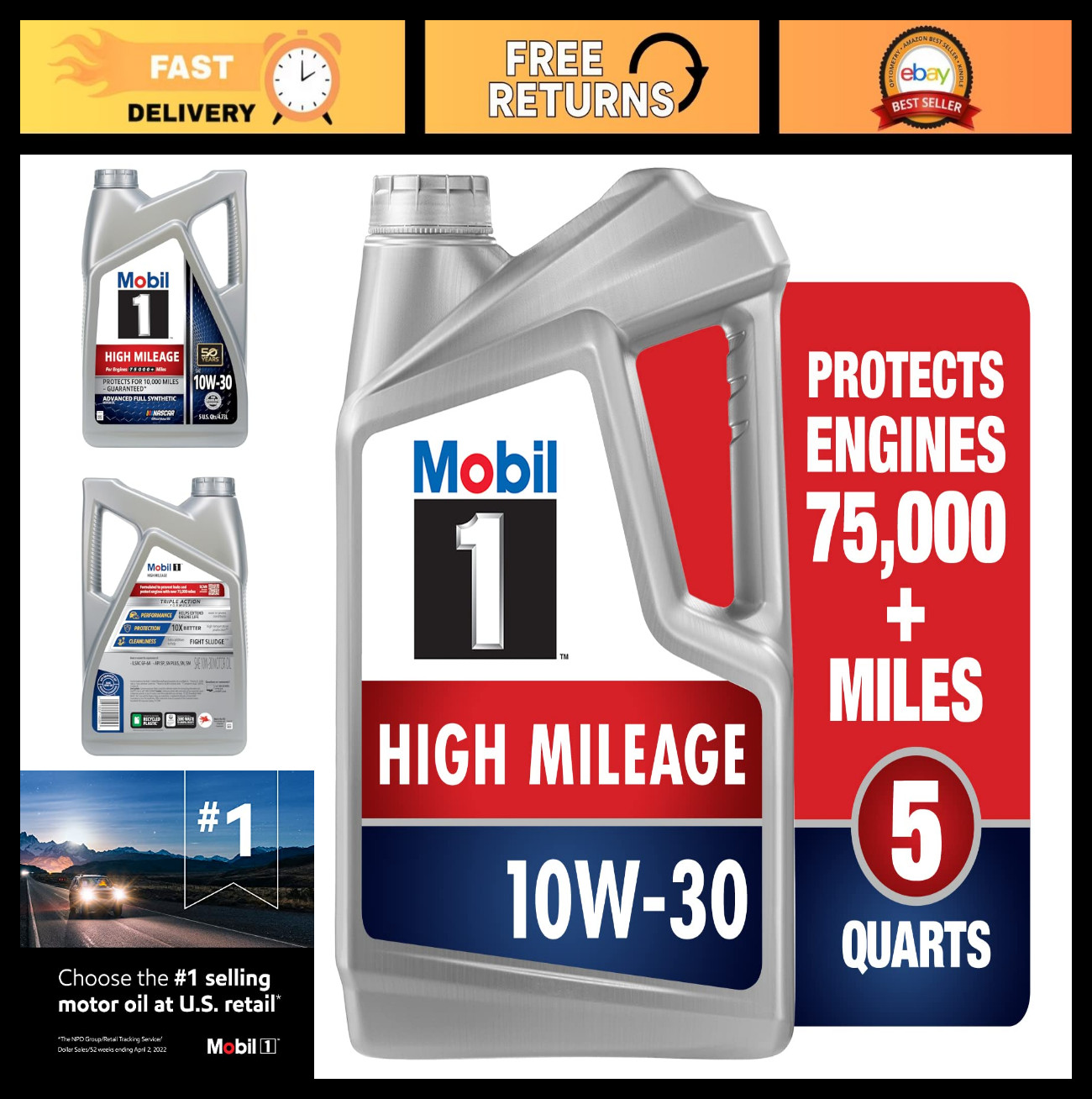 High Mileage Full Synthetic Motor Oil 10W-30, 5 Quart – Engine Protection & Perf