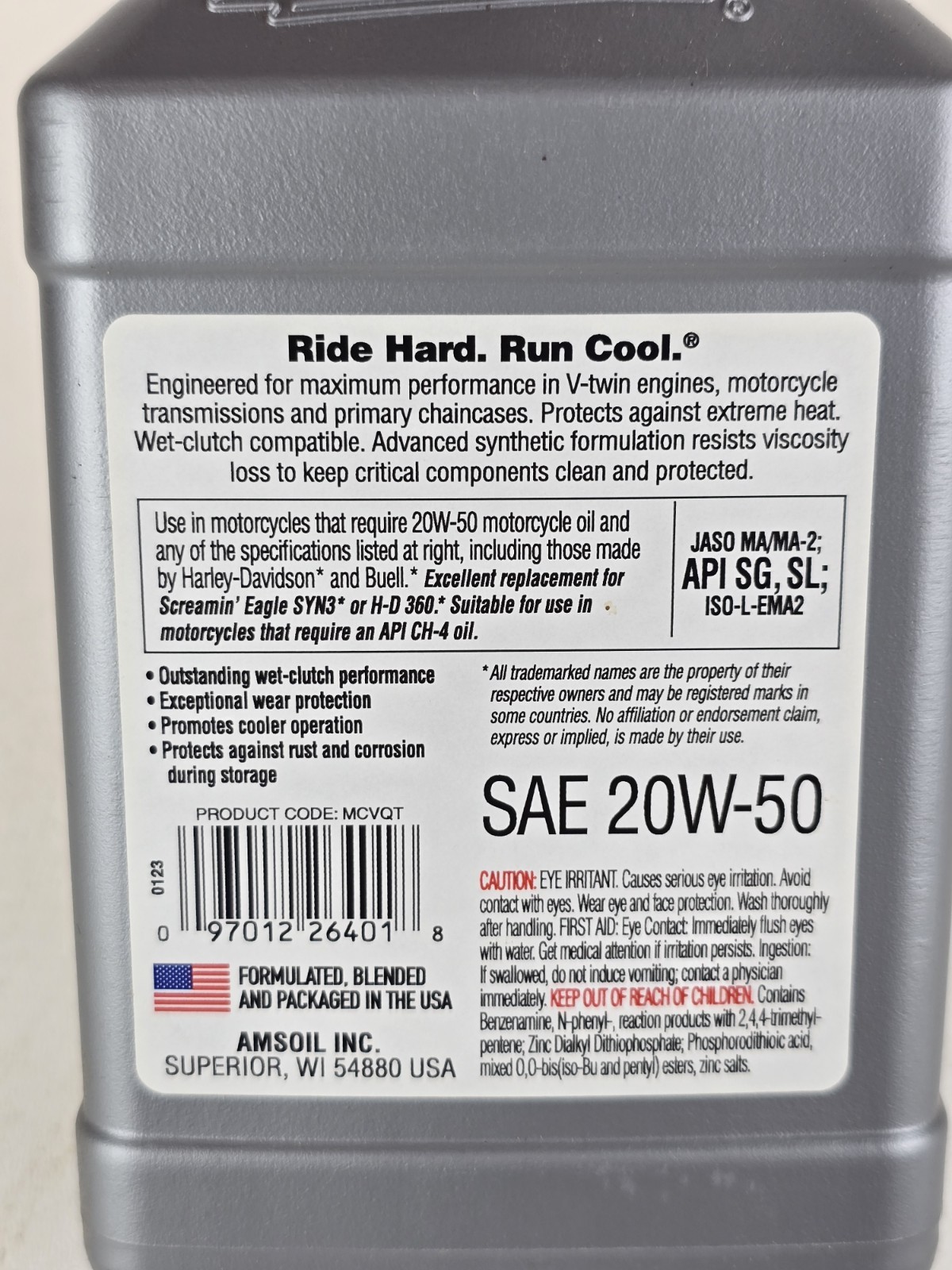 AMSOIL 100 % Synthetic V-Twin Motorcycle Oil SAE 20W-50 Made In USA