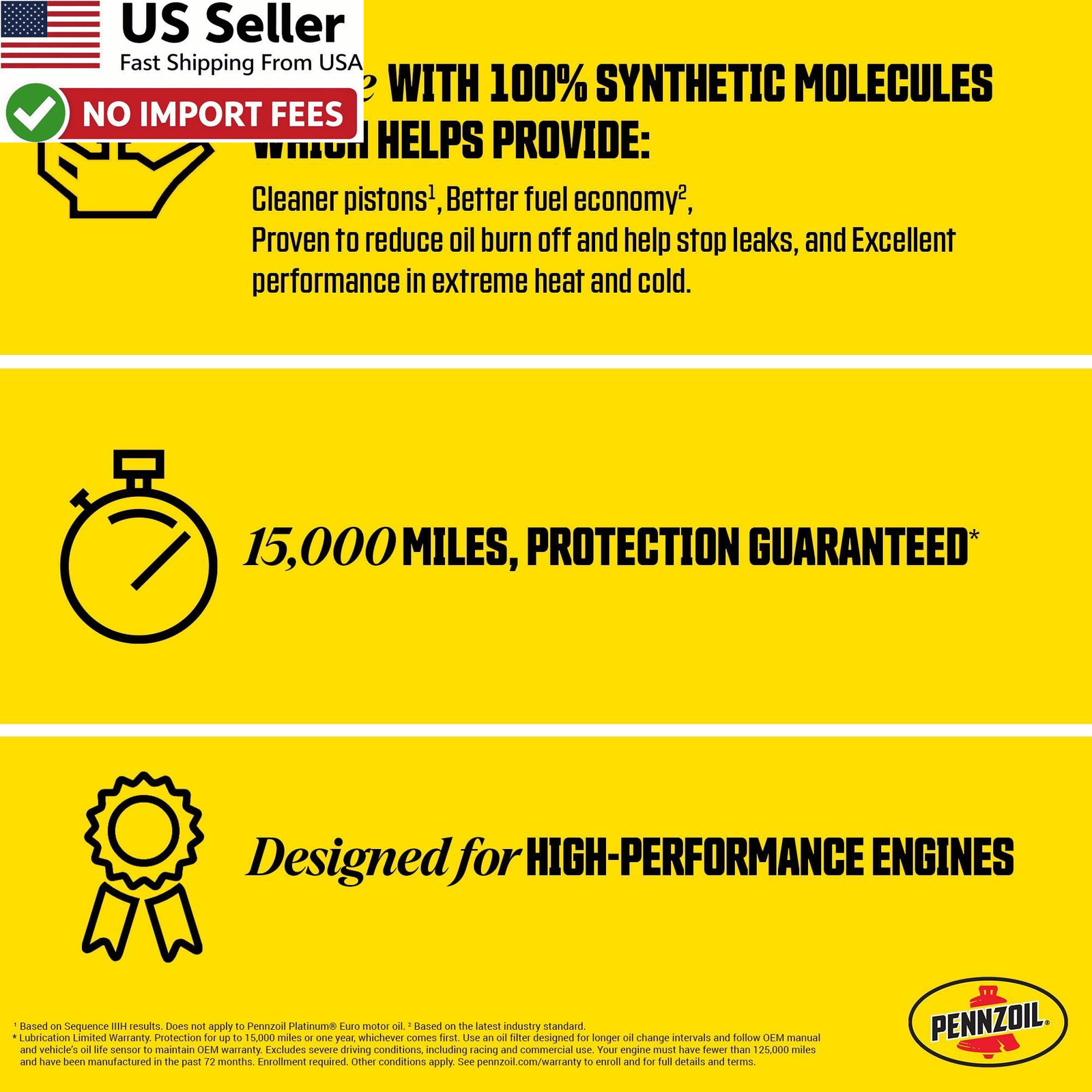 Pennzoil Platinum Full Synthetic 10W-30 Engine Motor Oil 1 Quart Case FROM USA