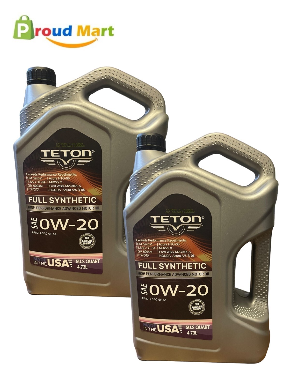 Lot of 2 Teton Oil 0W-20 Advanced Full Synthetic Motor Oil 5 Quarts Made in USA