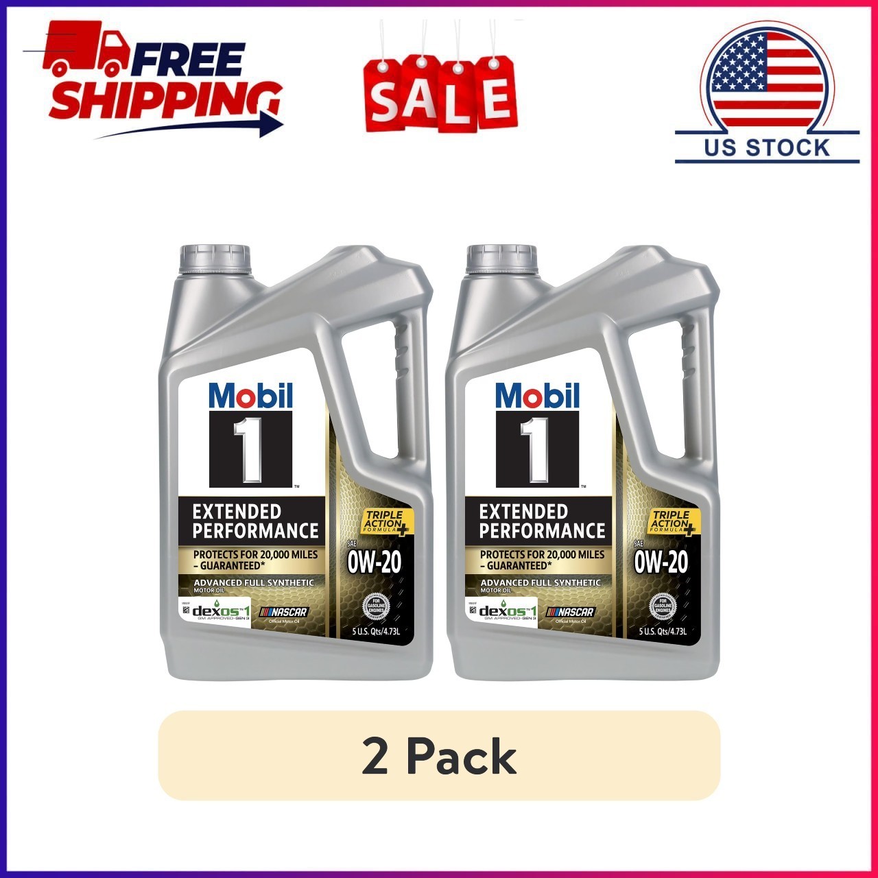(2 pack) Mobil 1 Extended Performance Full Synthetic Motor Oil 0W-20, 5 Quart