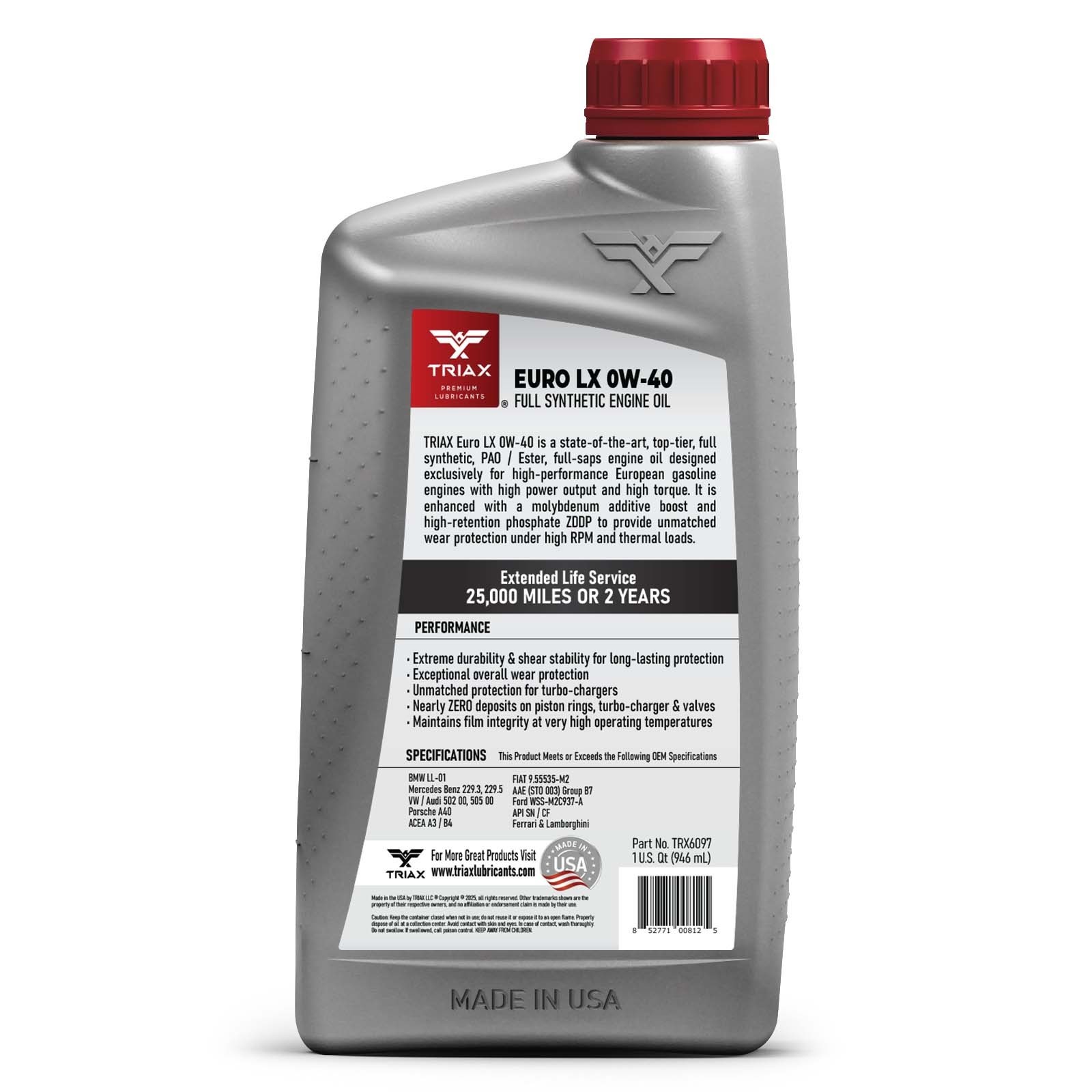 TRIAX Euro LX 0W-40 Full Synthetic OEM Grade Engine Oil (6 Quart Pack)