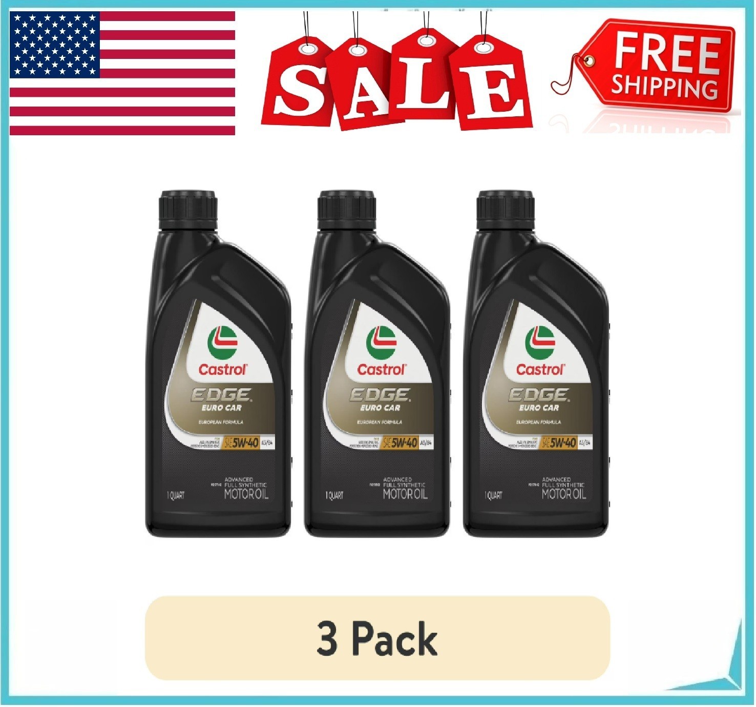 (3 pack) Castrol EDGE Euro 5W-40 A3/B4 Advanced Full Synthetic Motor Oil, 1Quart