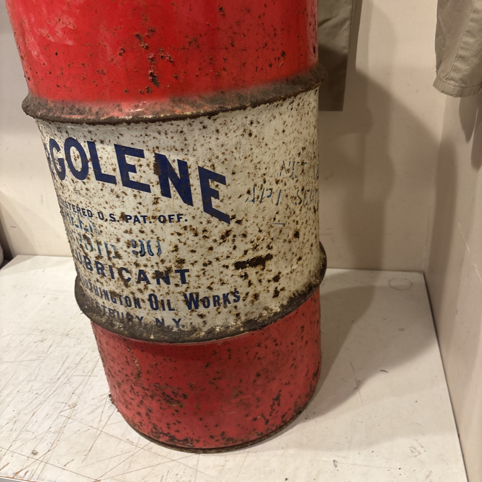 Vintage Large ARGOLENE ARGOMATIC Oil Lubricant Westbury NY Barrel Can 27” High