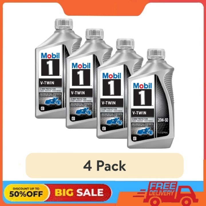 (4 pack) Mobil 1 V-Twin Full Synthetic Motorcycle Oil 20W-50, 1 Quart